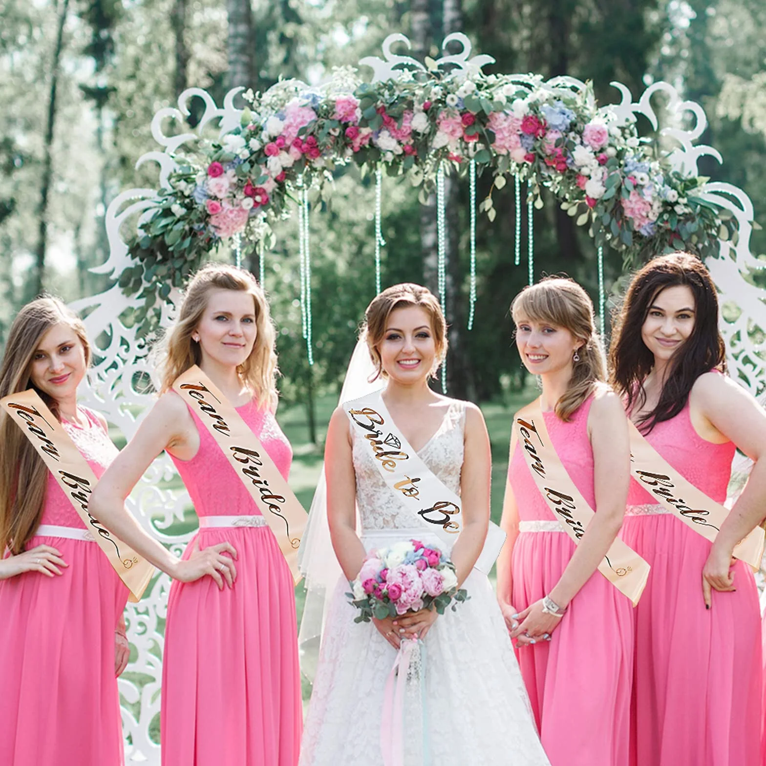 7 sztuk dekoracyjnych szarf damskich JGA, zestaw 6 szarf Team Bride + 1 szarfa dla panny młodej z błyszczącym różowym złotem, na wesele, wieczór panieński, imprezę