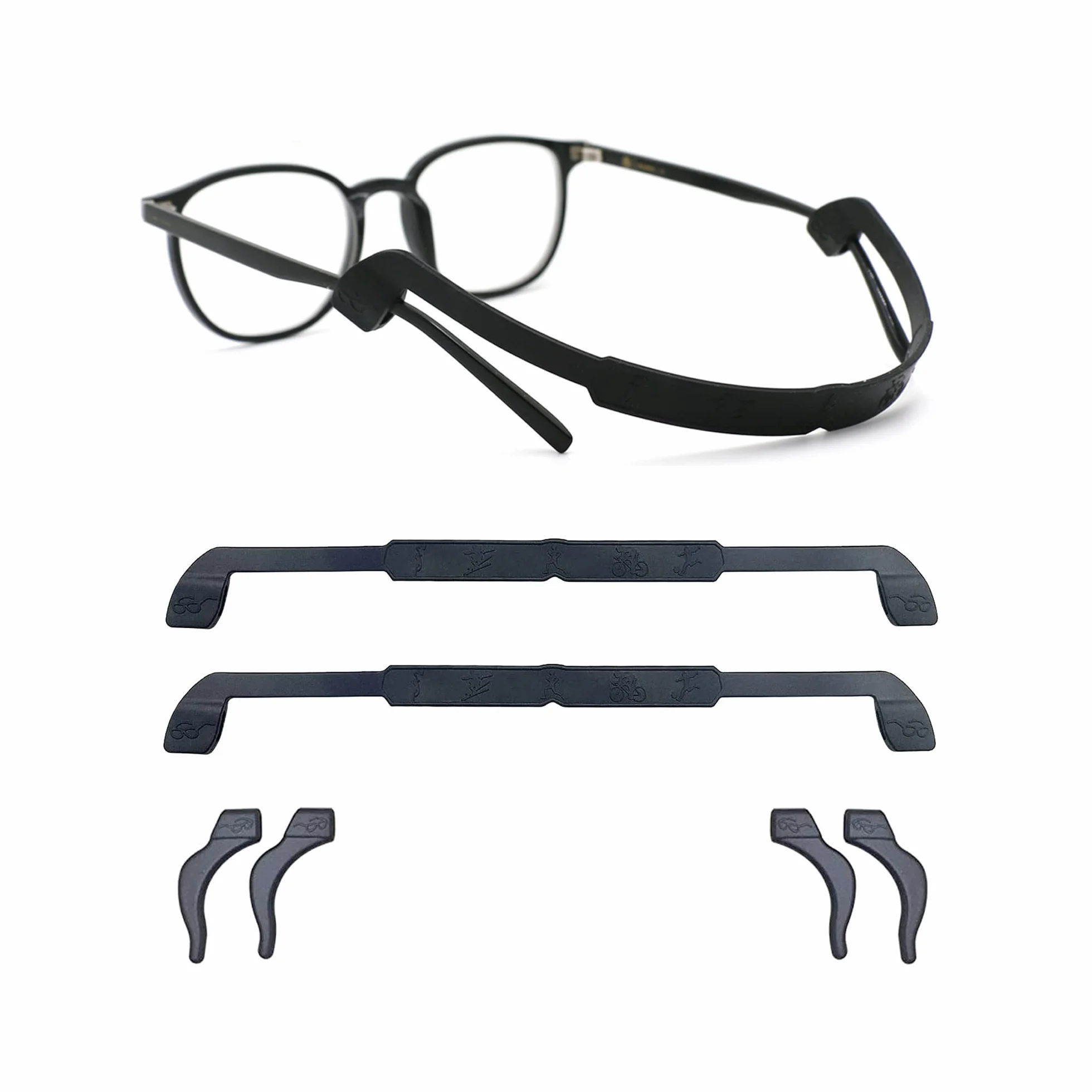 Pasek na okulary z 2 parami silikonowych poduszek na uszy, uchwyt na okulary do sportu i rekreacji, antypoślizgowy uchwyt na okulary sportowy pasek na okulary mężczyźni panie dzieci, czarny