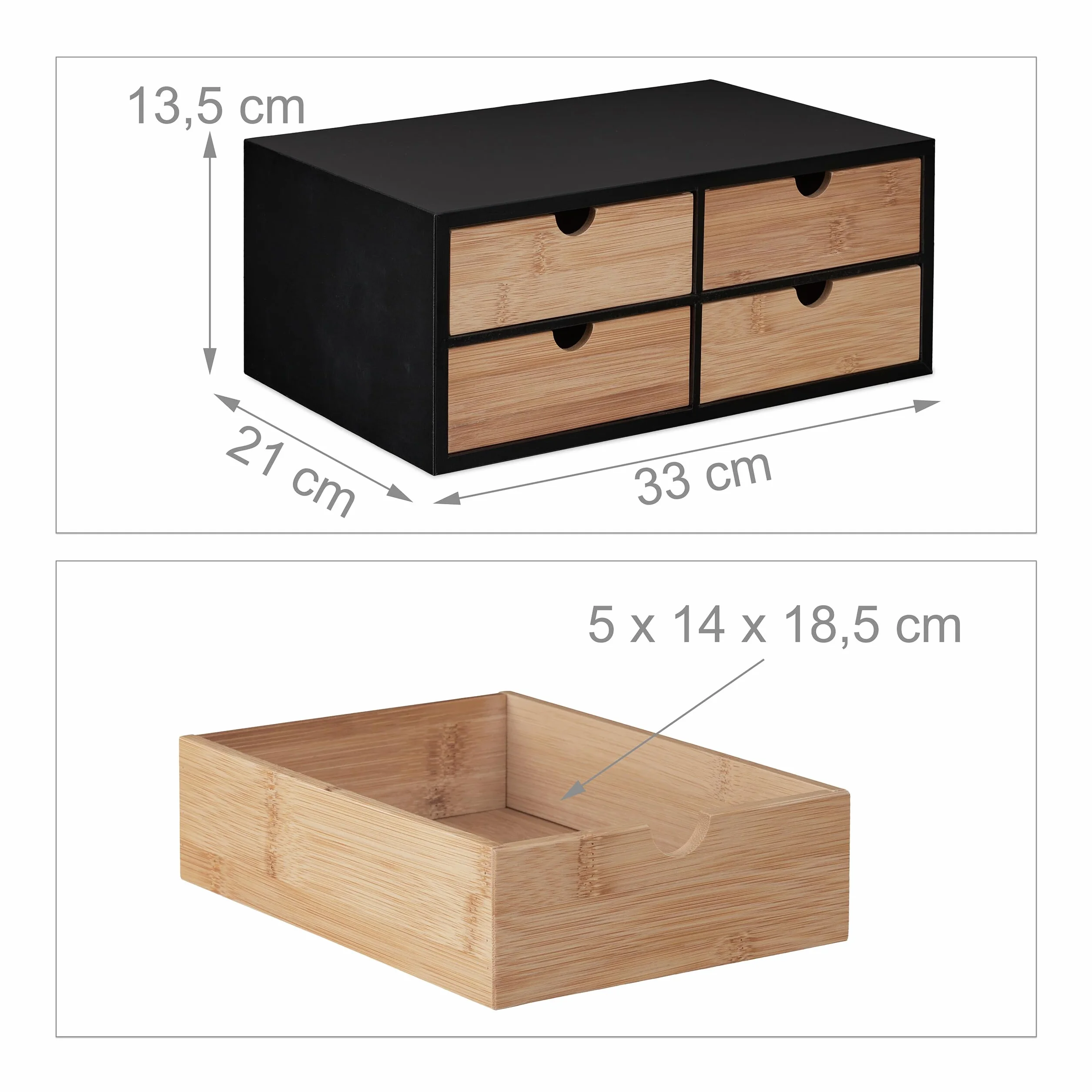 Relaxdays Organizer na biurko, 4 szuflady, bambus i MDF, organizer na biurko, wys. x gł.: 13,5 x 33 x 21 cm, naturalny/czarny