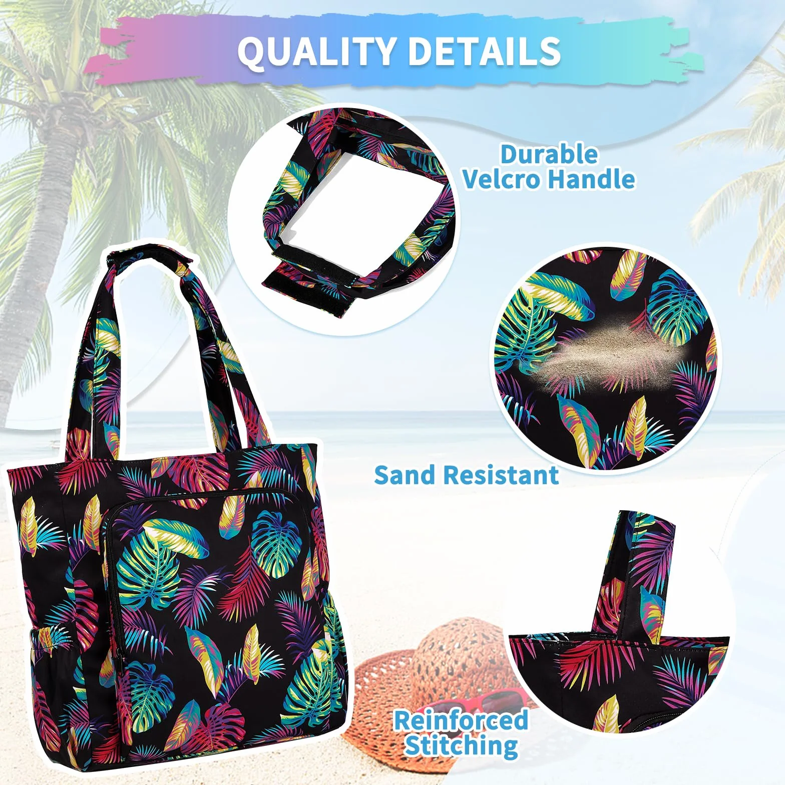 Chic torba plażowa z zamkiem błyskawicznym, duży format, wodoszczelna, odporna na piasek, na lato, na basen, modna torebka na zakupy, Kolorowe liście, 35 cm x 14 cm x 37.5 cm