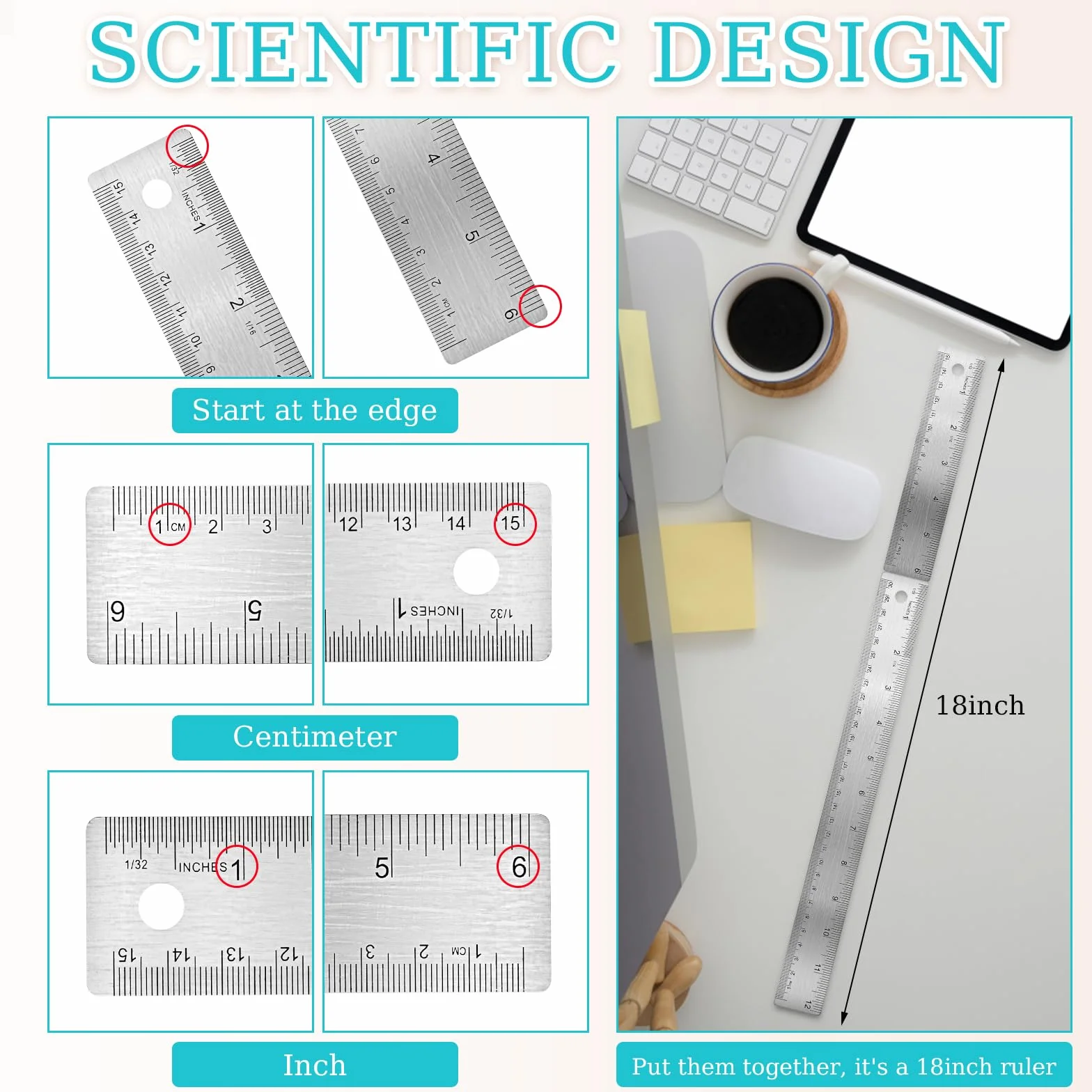 Linijka ze Stali Nierdzewnej 15 cm i 30 cm - Metalowa z Korkiem, Prostą Krawędzią, Antypoślizgowa z Calami i Centymetrami - do Szkoły, Biura, Inżynierii Rysunkowej