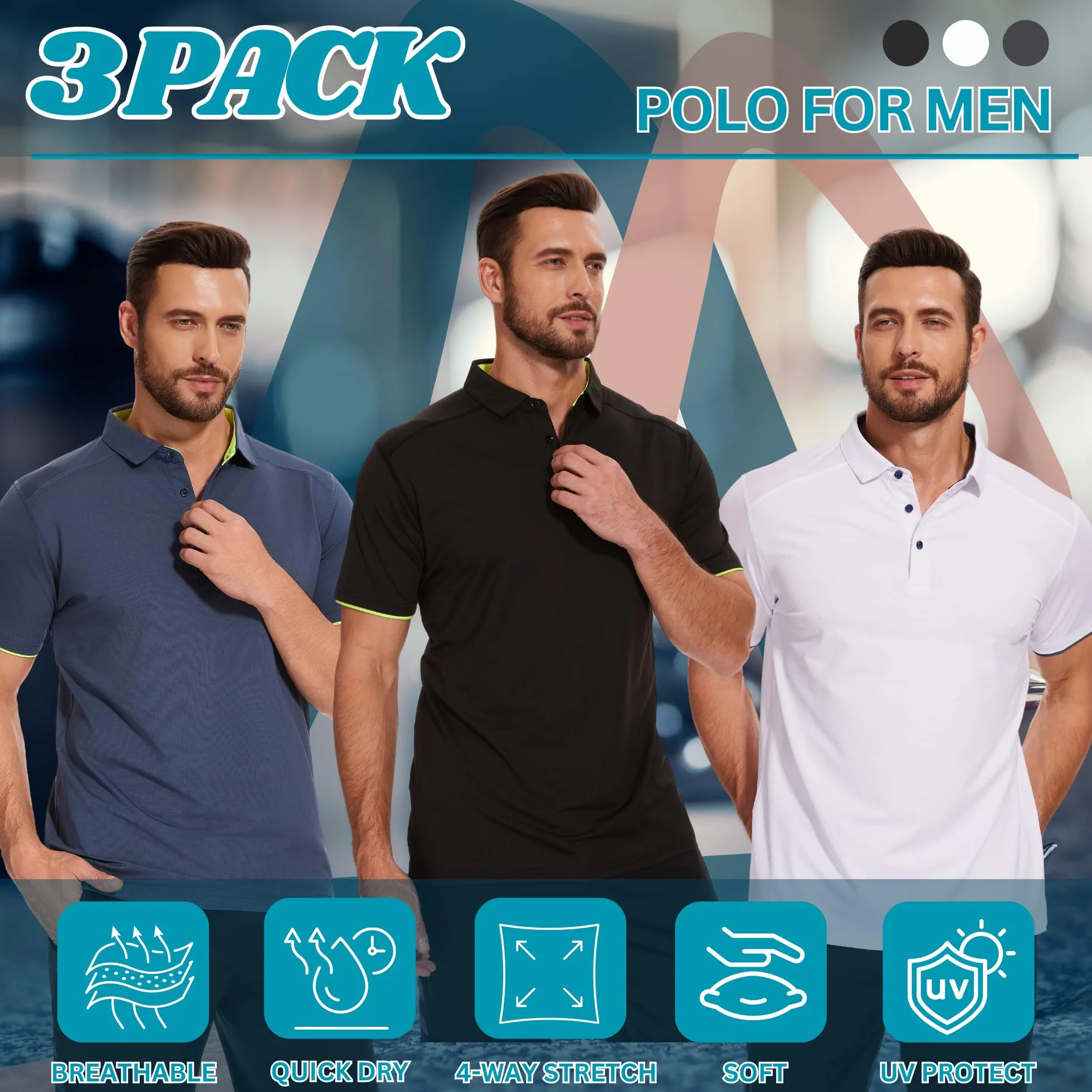 AMZSPORT 3-częściowy zestaw Basic męska koszulka polo z krótkim rękawem - koszulka polo slim fit i golf