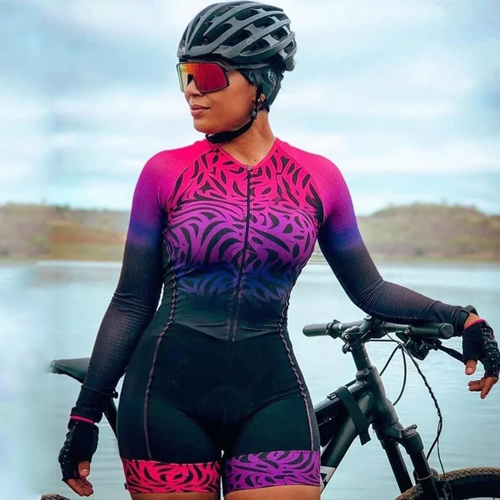 Damski kombinezon wyścigowy Triathlon, kombinezon rowerowy, kombinezon rowerowy z długim rękawem zestaw rajstop rowerowych MTB jednolity podkładka żelowa Speedsuit (Color : 03, Size : Large)
