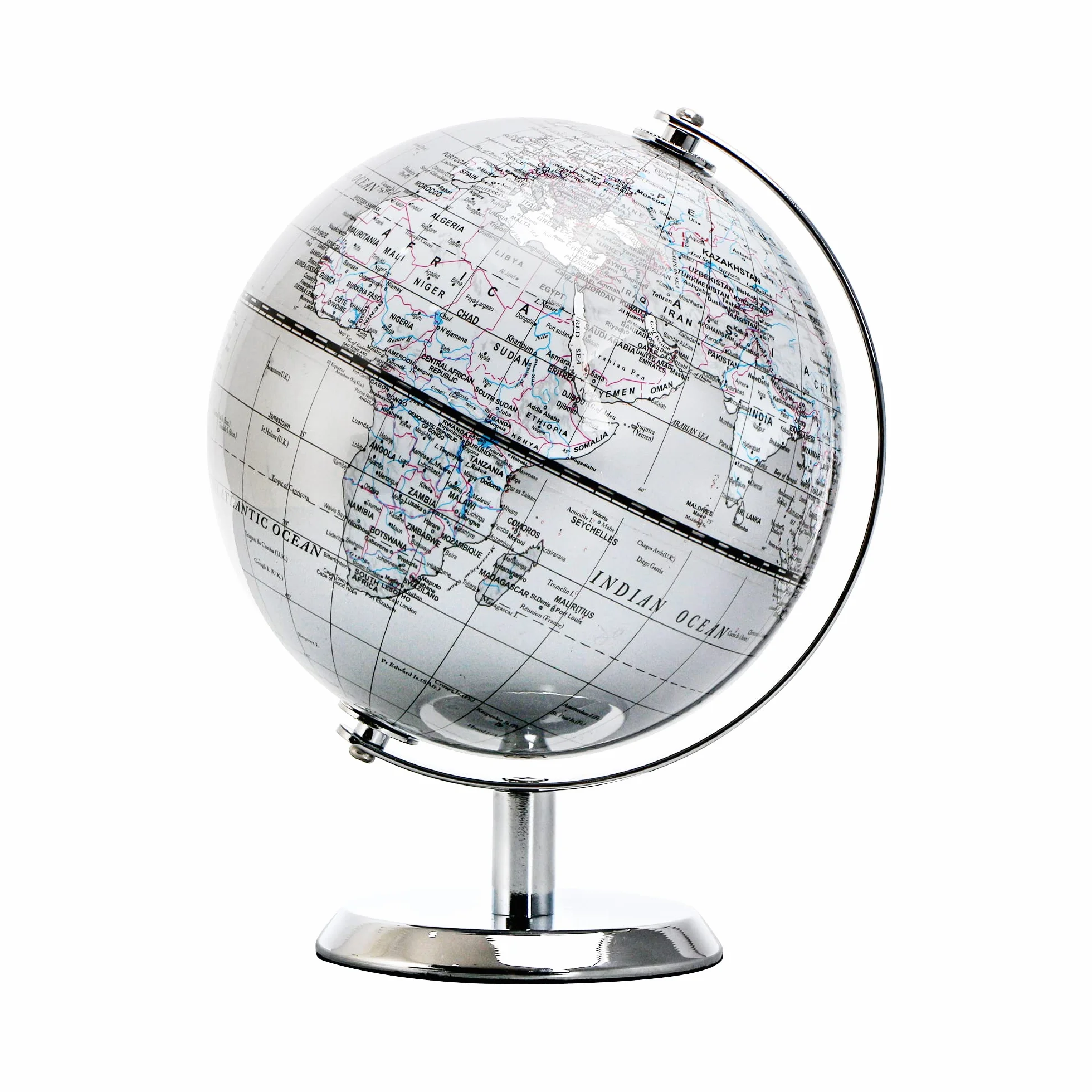 14 cm globus świata srebrny - mini globus edukacyjny/geograficzny/nowoczesna dekoracja biurka - łuk i podstawa ze stali nierdzewnej - srebrnoszary