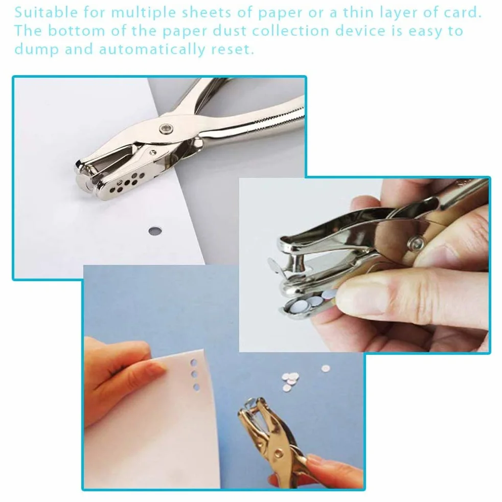Dziurkacz, metalowy ręczny dziurkacz, 1 otwór szczypce, jeden otwór, dziurkacz, papier ze stali nierdzewnej, 6 mm, pojemność 8 arkuszy srebrny