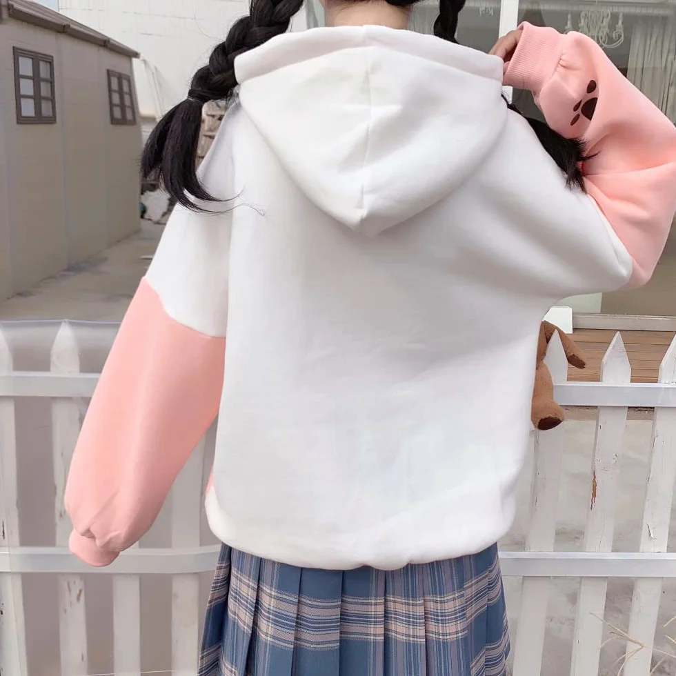 Himifashion urocza bluza z kapturem nastolatki kawaii nadruk kota sweter z kapturem topy plus aksamitna bluza luźne ciepłe bluzy z kapturem, różowy, Rozmiar uniwersalny