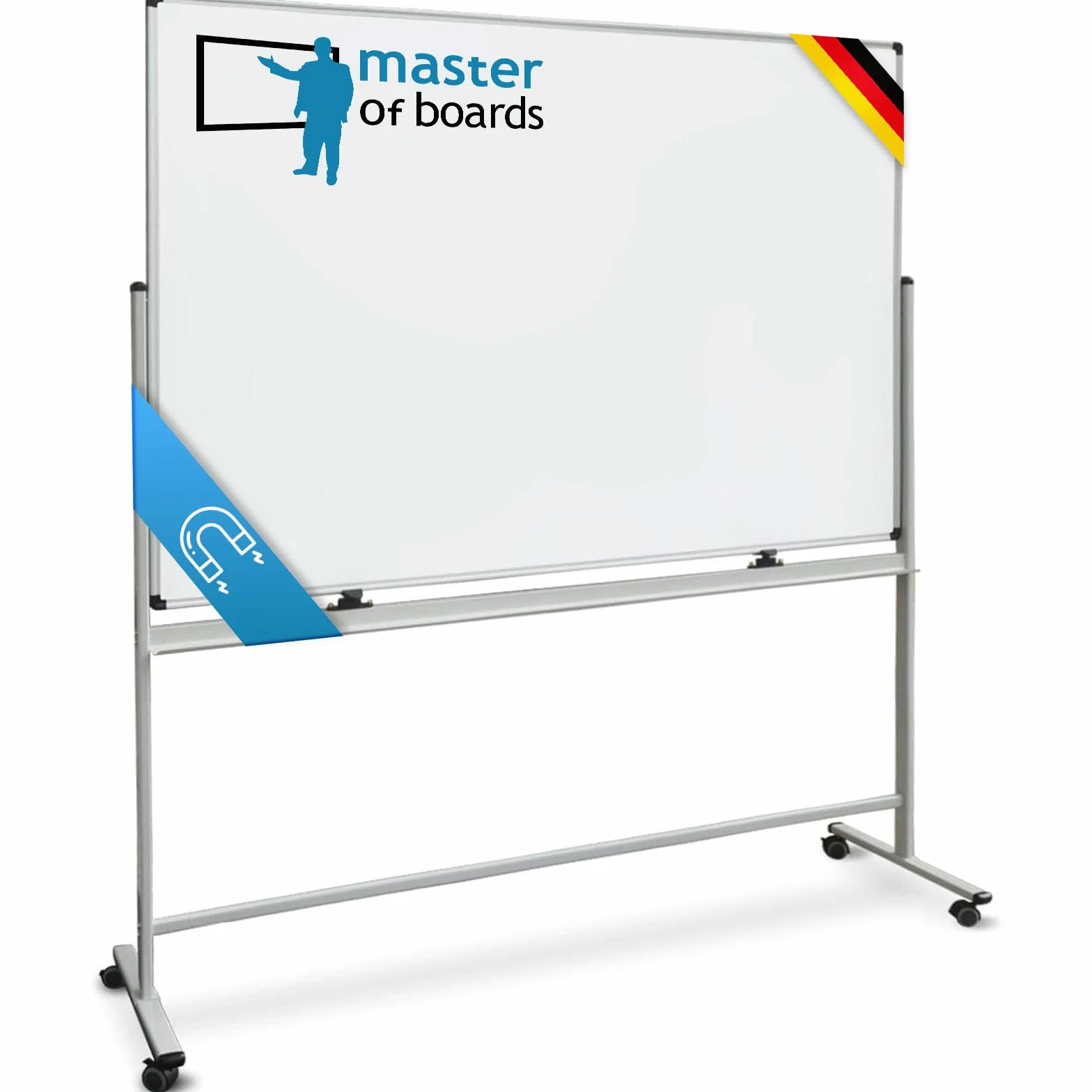 Master of Boards Tablica magnetyczna ze stojakiem, 120 x 220 cm, mobilna biała tablica na rolkach, dwustronna, obrotowa tablica na statyw, magnetyczna, do pisania, zwijana, łatwa do wycierania, z