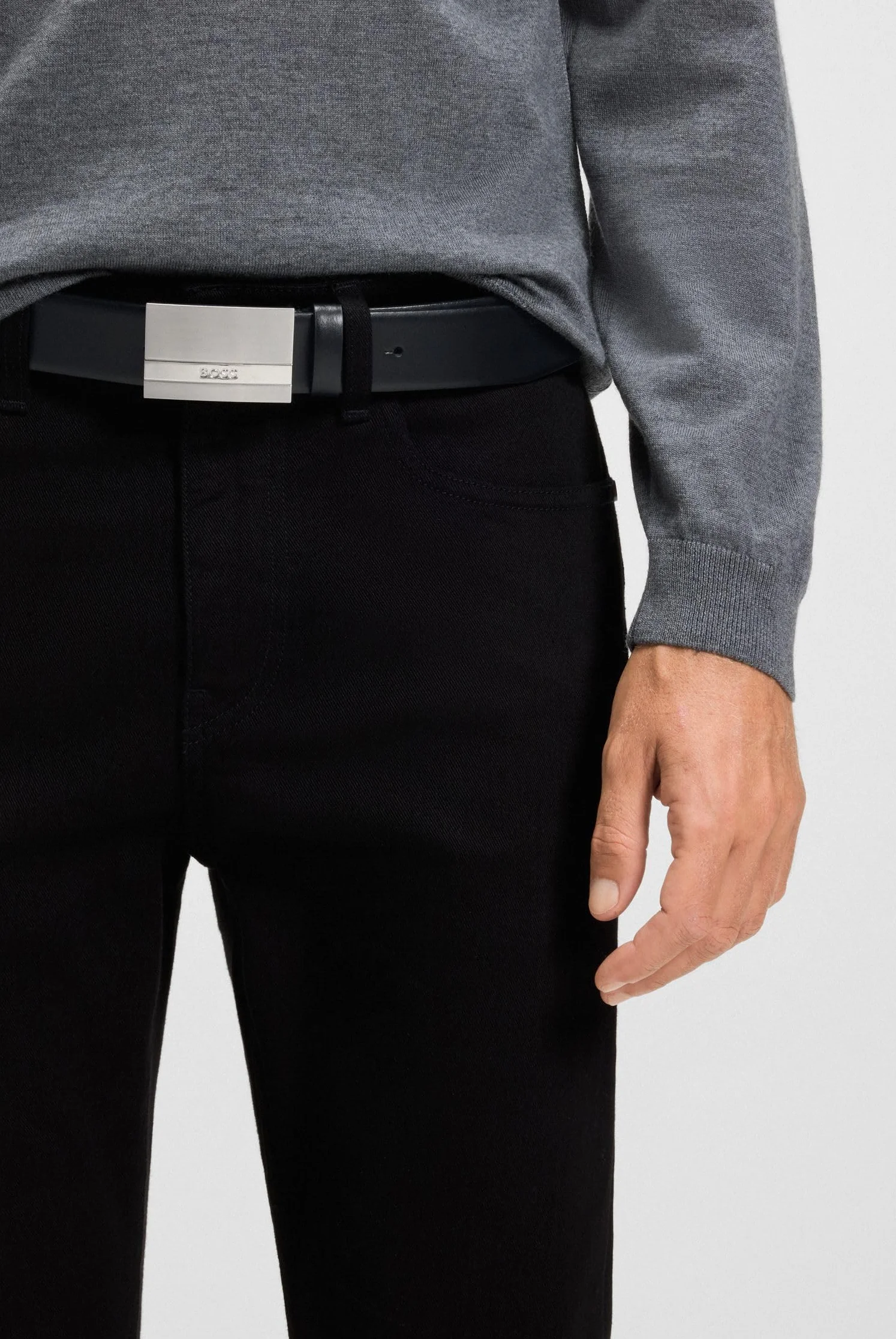 BOSS Męski pasek skórzany Baxton Sz35 z klamrą z logo, Czarny, 105