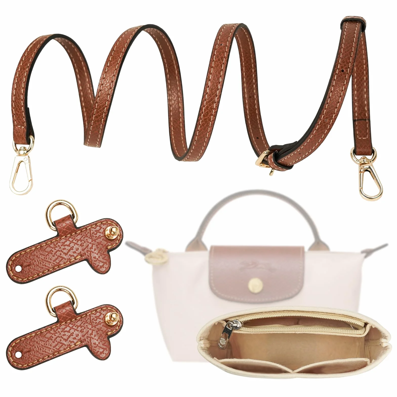Pasek na ramię do torebki typu Longchamp, pasek na ramię i organizer do mini torby Longchamp, organizer do portfela z wieloma kieszeniami, regulowany pasek zapasowy ze skóry (bez opakowania)