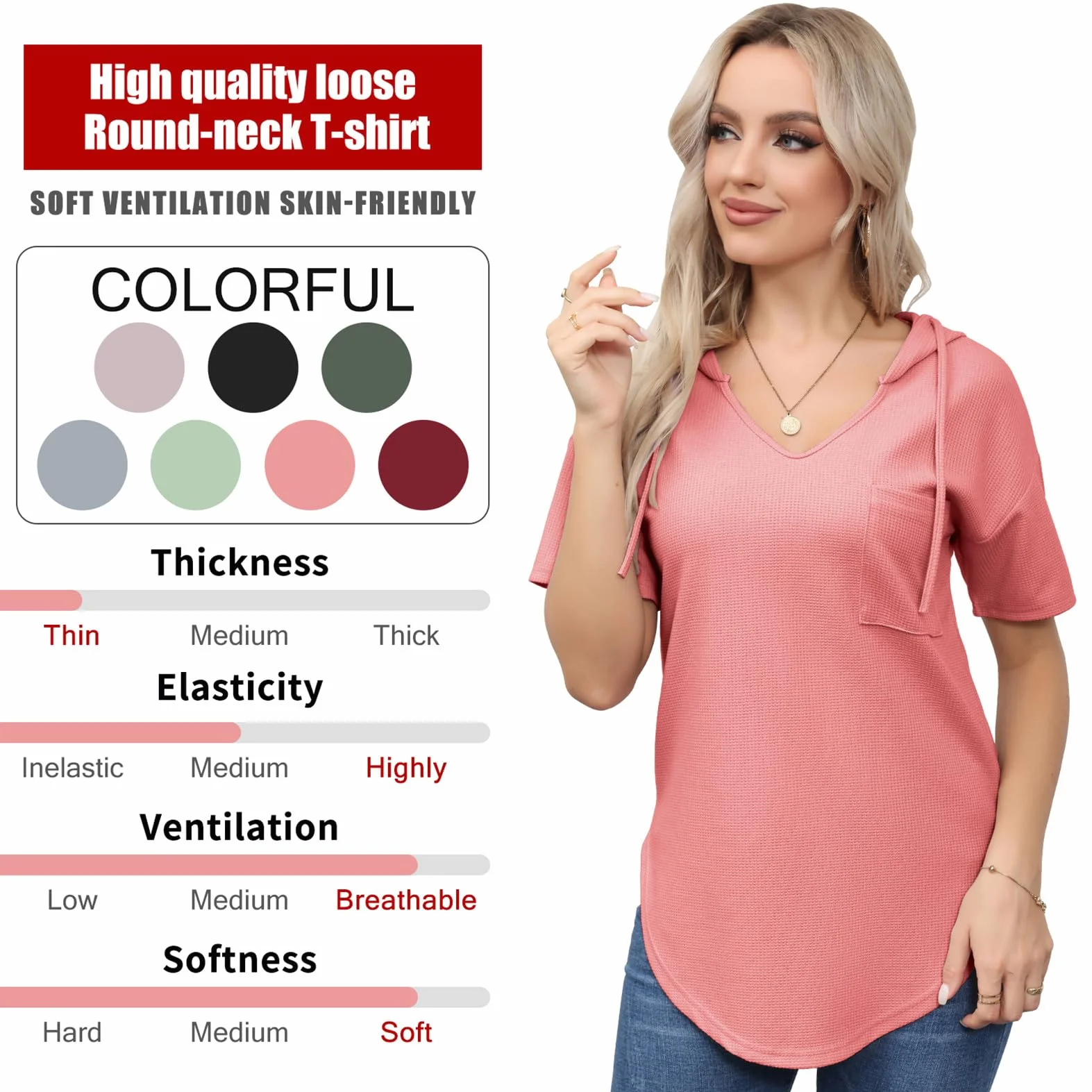 Damska bluza z kapturem topy letnie damskie topy z krótkim rękawem dekolt w serek elegancka koszula na co dzień S-XXL