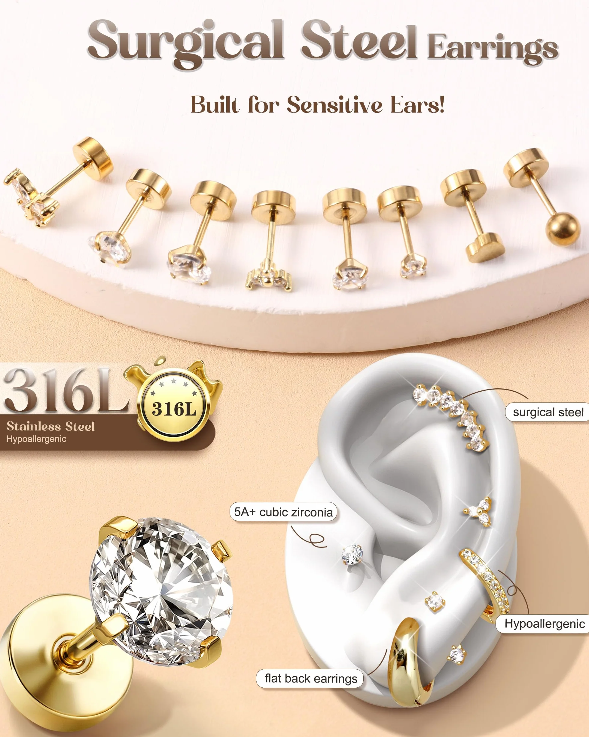 LOLIAS 20 szt. Helix Piercing biżuteria stal chirurgiczna tragus kolczyk płaski tył kolczyki dla kobiet piercing ucha Helix Stud Hoop kolczyki chrząstki kolczyki srebrne złote muszle stokrotka tragus