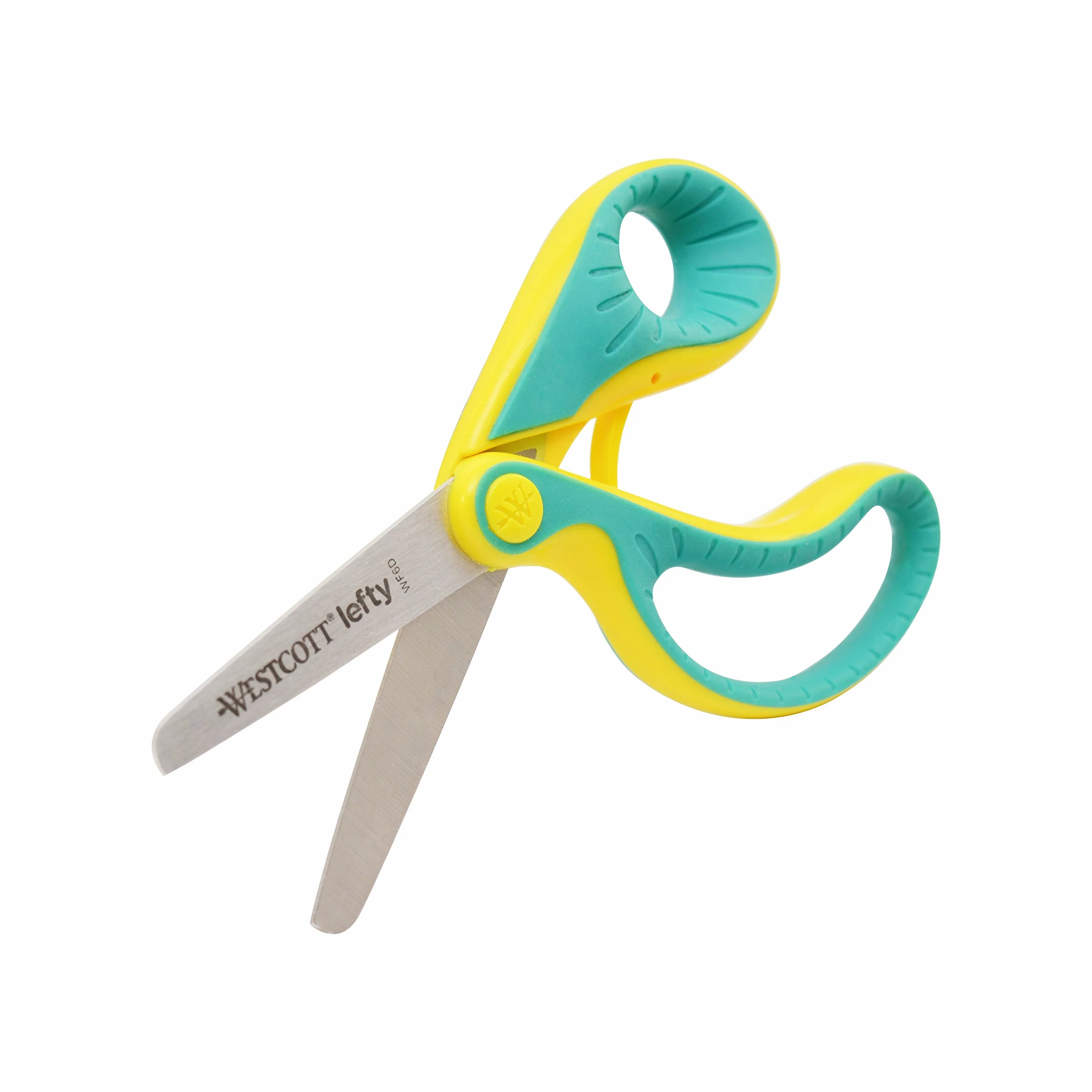Westcott E-22003 00 Ergo JR. Lefty – ergonomiczne nożyczki dla dzieci dla osób leworęcznych, ostrze stalowe 5, 3 cm, uchwyt Softgrip, zielony/żółty, 13,3 cm