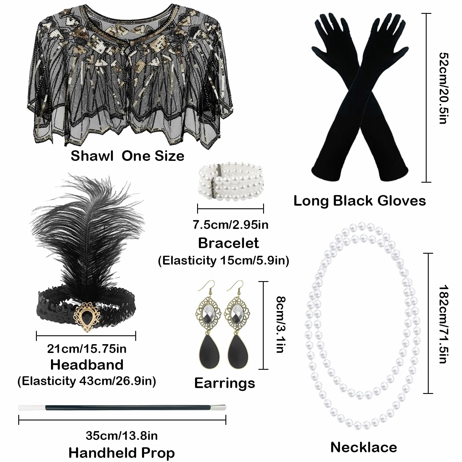 Akcesoria z lat 20-tych kobiet Gatsby, 7 szt. Zestaw akcesoriów 1920s, Great Gatsby Rekwizyt Charleston, kostium na lata 20-te damskie na imprezy tematyczne Halloween karnawał