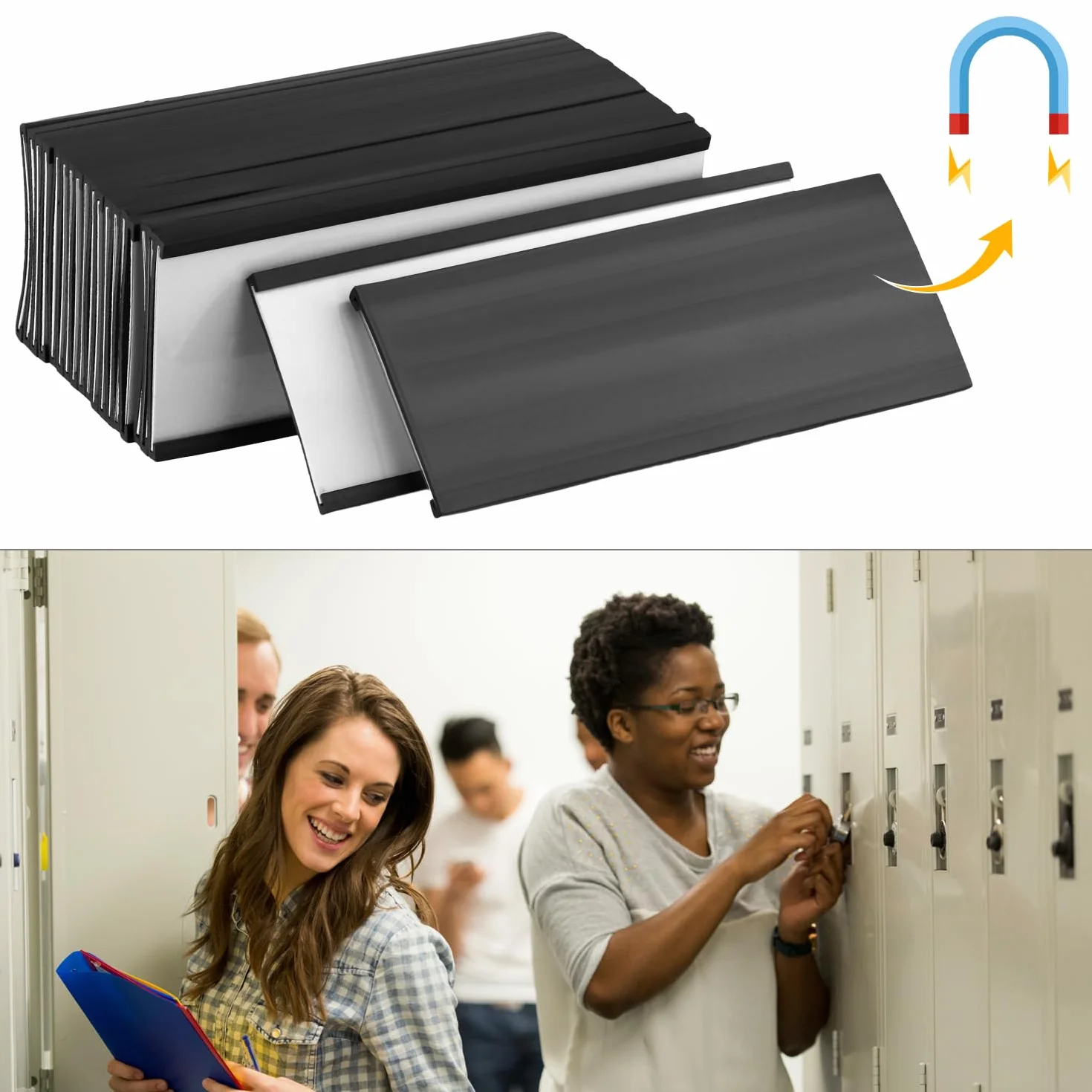 QWORK® 50 sztuk magnetycznych uchwytów na etykiety, 25 mm x 50 mm, wielokrotnego użytku, odporne na warunki atmosferyczne, z folią ochronną, magnetyczne plakietki z imieniem do metalowej tablicy