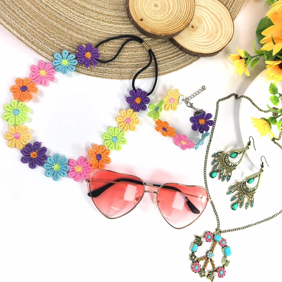 5 sztuk akcesoria hippy kobiety, boho 70 akcesoria dla kobiet dziewcząt z okularami przeciwsłonecznymi różowa stokrotka stokrotka kolczyki naszyjnik hippie bransoletka retro 60s i 70s zestaw mody