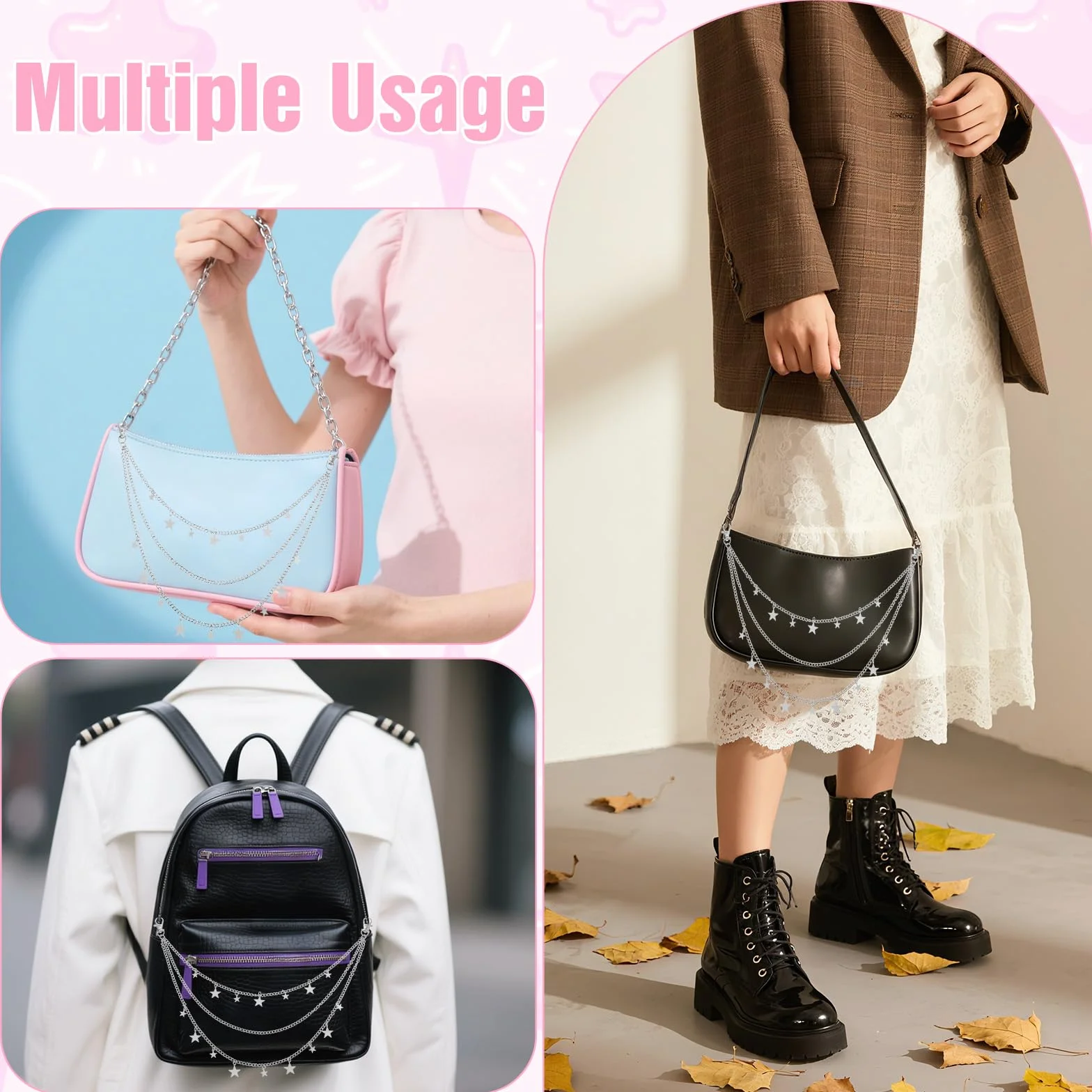 Ouligay Łańcuszek do spodni w stylu vintage, srebrny, gwiazdy, dżinsy, naszyjnik, styl punk, akcesoria Y2k, dla mężczyzn i kobiet, spodnie, sukienka, prezent