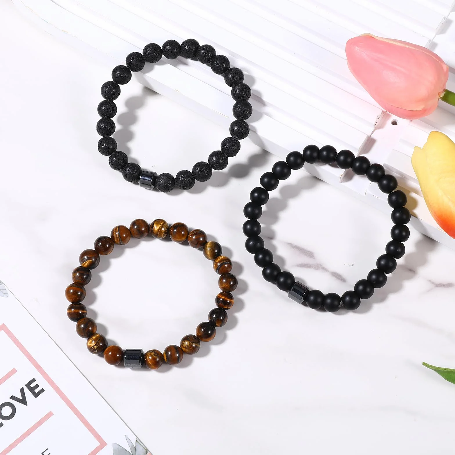 TIESOME 3 bransoletki męskie ze stretchu, 8 mm, z naturalnego kamienia, regulowana, tygrysie oko, bransoletka męska na prezent urodzinowy dla mężczyzn