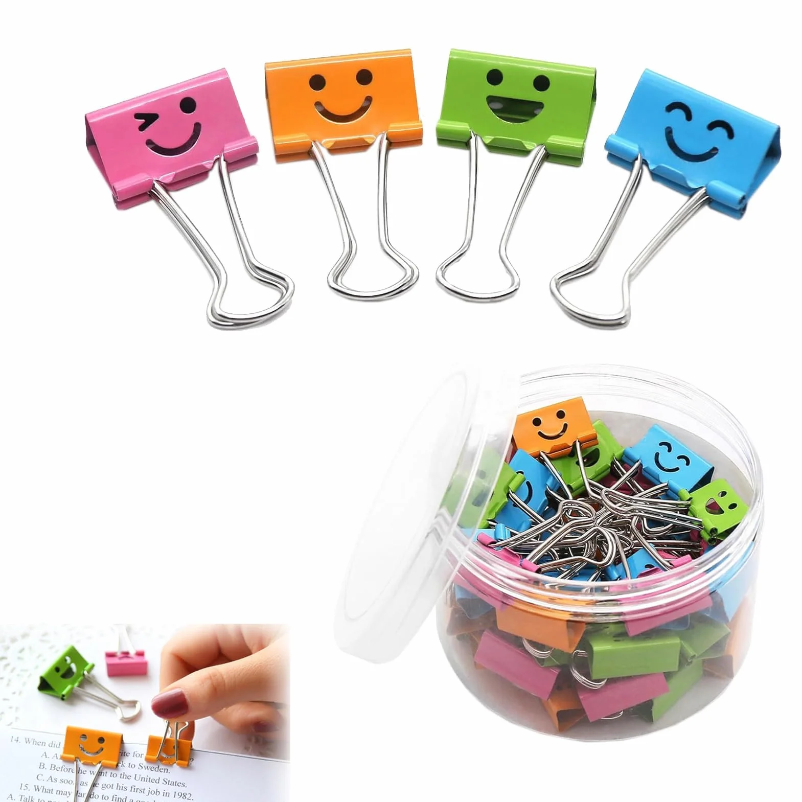 40 sztuk klamerek Foldback, spinaczy do papieru z pudełkiem, klamerek do akt, metalowych klamerek z uśmiechem, dużych klamerek Foldback do organizowania notatek, klasyfikacji – mieści 75 arkuszy