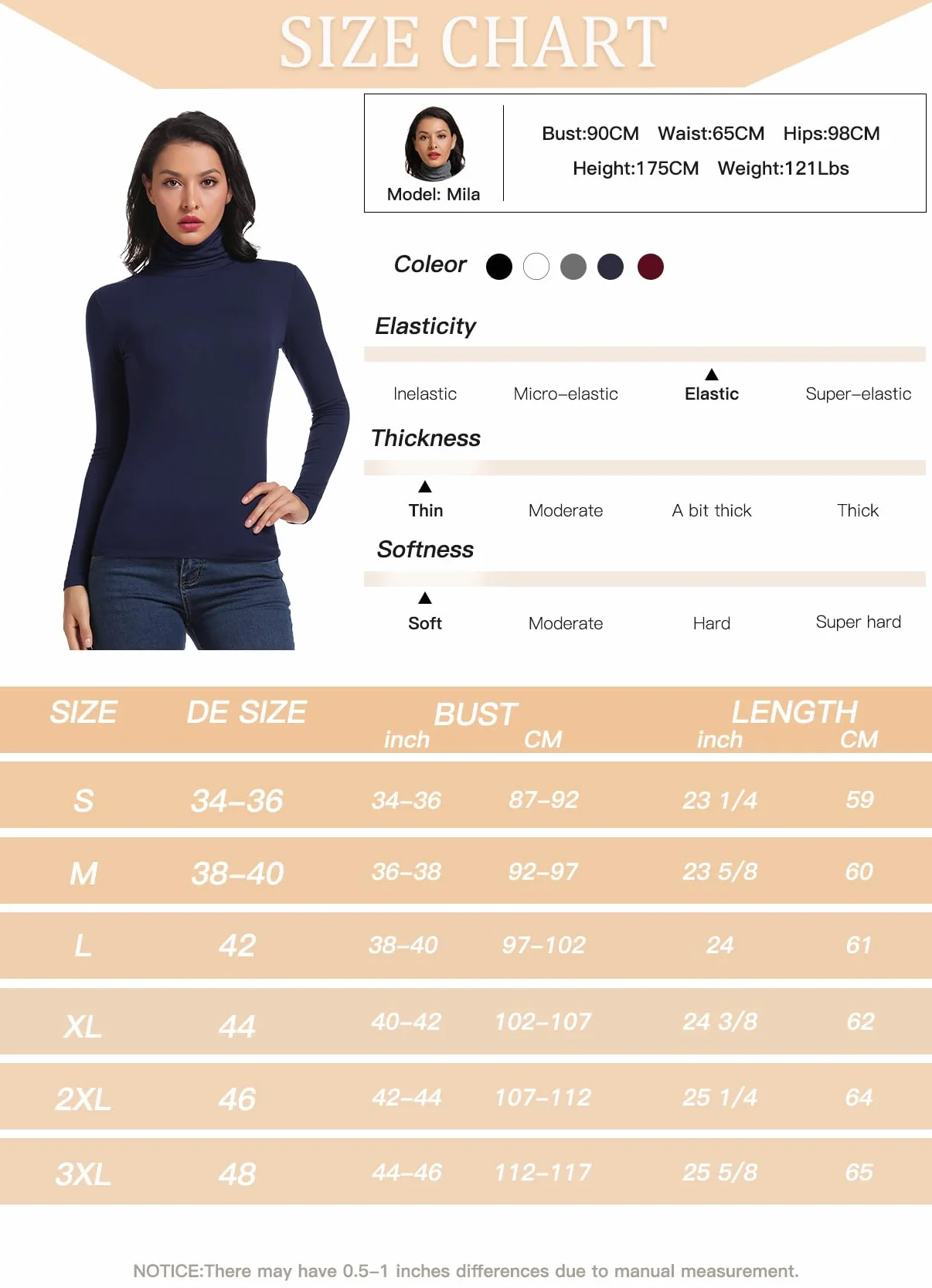 ANYFITTING Damska Koszulka Slim Fit, Ultralekka z Długim Rękawem - Damska Koszulka Termoaktywna z Golfem, z Bawełny na Zimę S-2XL