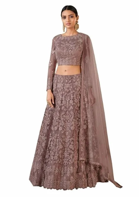 Indyjski tradycyjny deginer damska siatka haftowana częściowo szyta Lehenga Choli (Coffee_) na imprezę i sukienkę ślubną, Kawa, Rozmiar uniwersalny