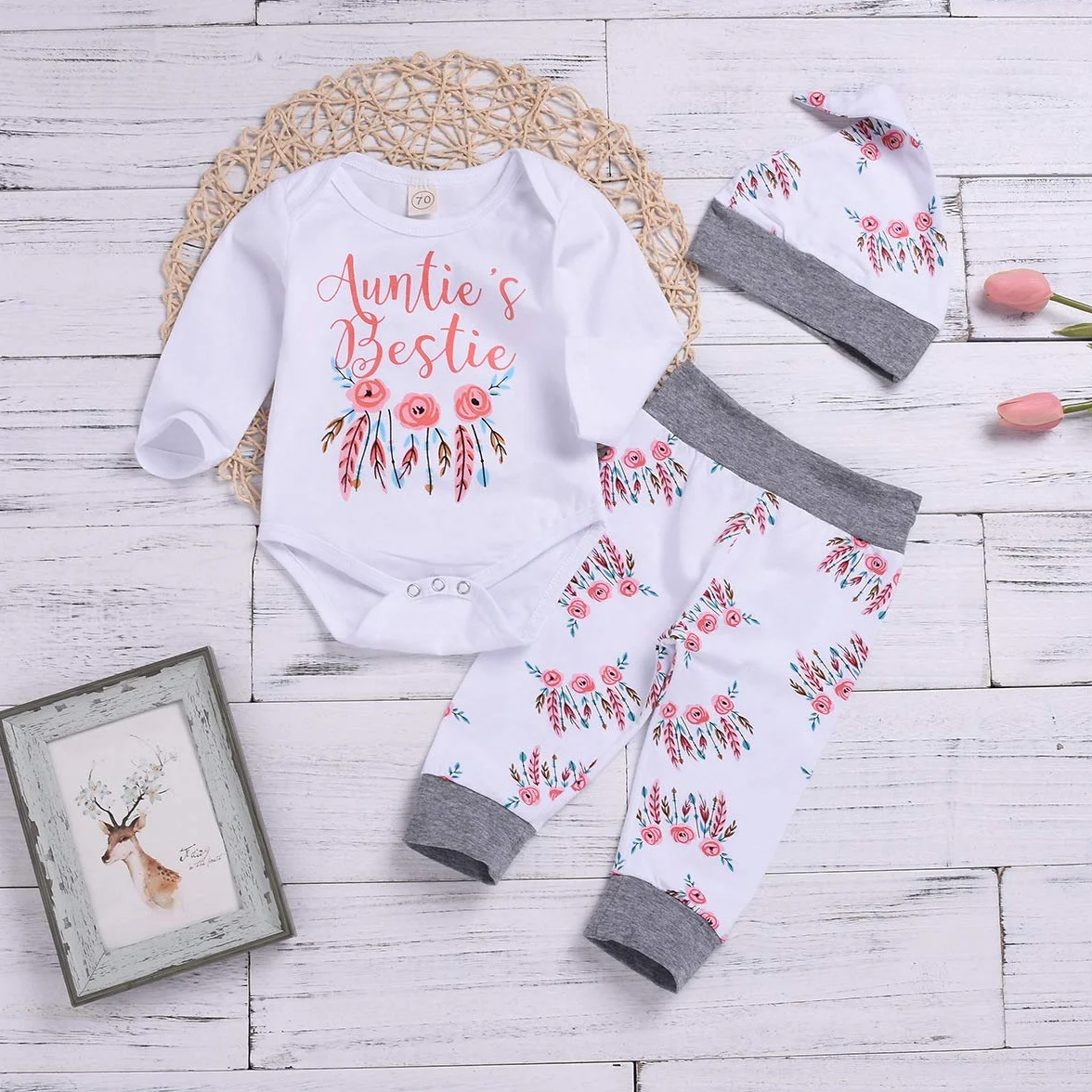 Baby Girl Ubrania Ciocia Bestie Romper Top + spodnie kwiatowe + czapka 3-częściowy zestaw ubrań dla niemowląt