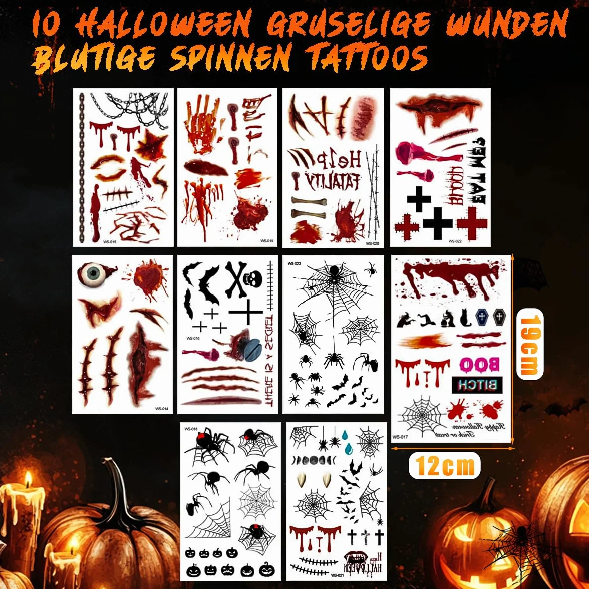 Tatuaże na Halloween, 10 arkuszy, kostium na Halloween dla kobiet i mężczyzn, tatuaż na twarz, zombie, wampir, czarownice, akcesoria do makijażu, blizny, rany, pająki