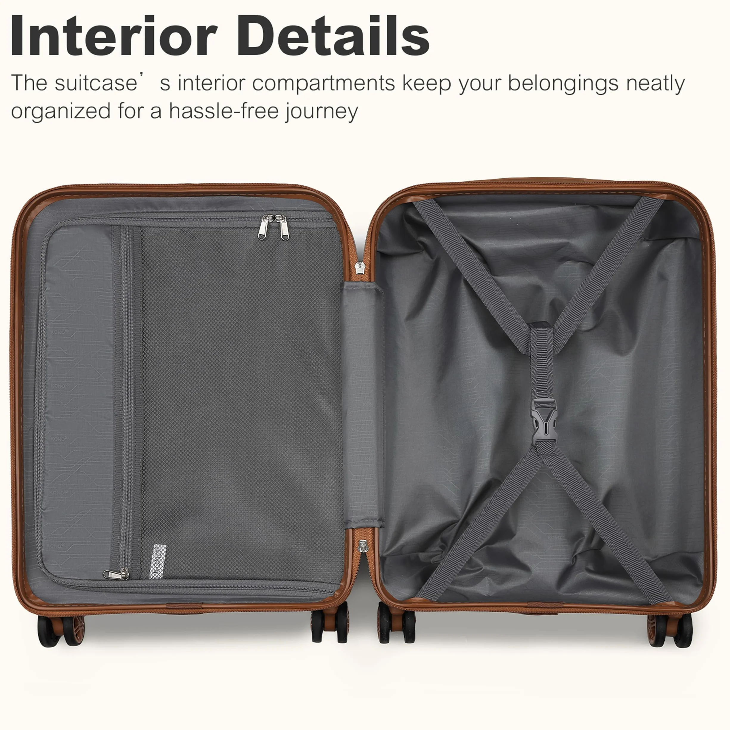 Kono Walizka podręczna ABS + PC Hardshell lekki bagaż podróżny z kółkami obrotowymi TSA Lock, Szary/brązowy, Medium-24 inch, Walizka podręczna ABS + PC Hardshell lekki bagaż kabinowy podróżny
