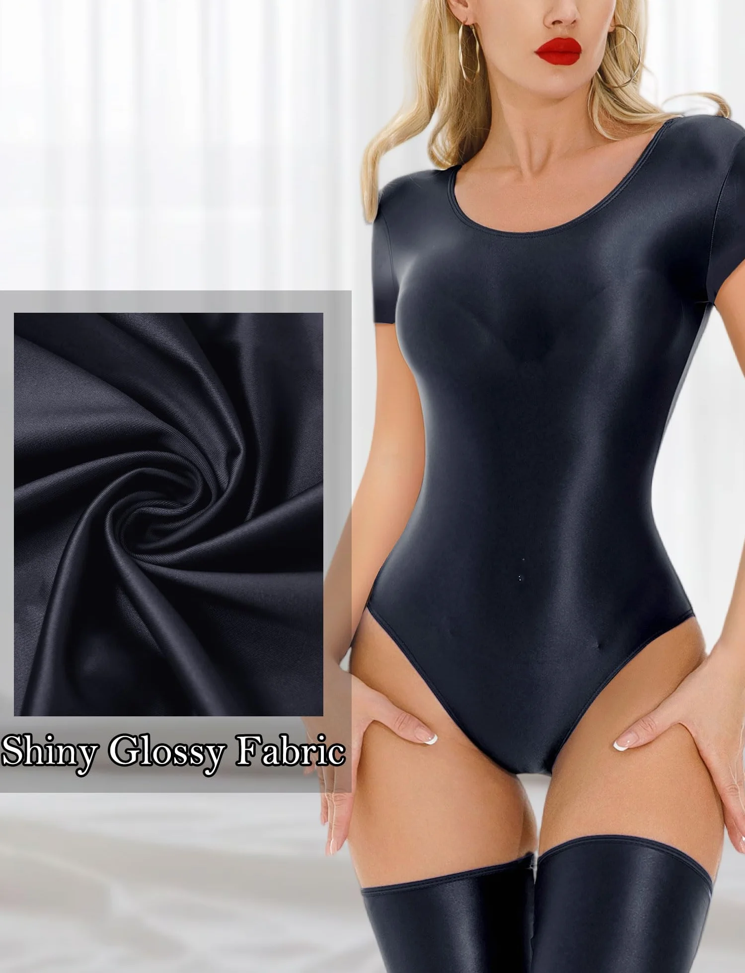 Maeau Damskie body błyszczące, przezroczyste, seksowne body do klubu nocnego na imprezę EU S-L (Asie M-XL)