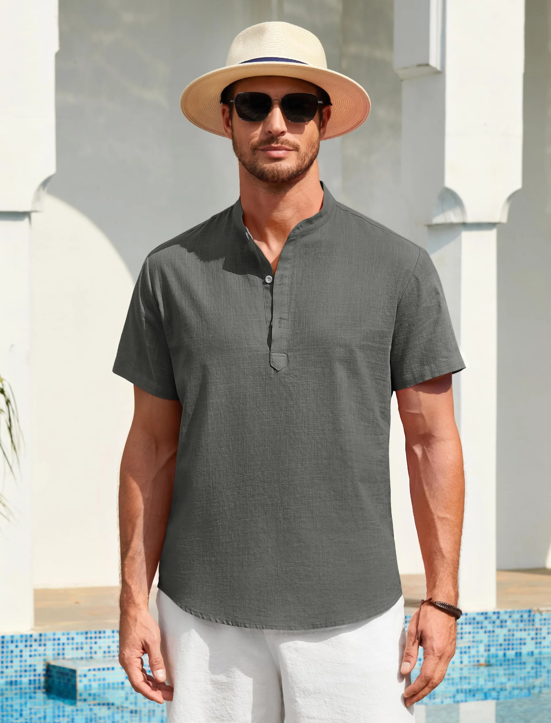 Lniana koszula męska z krótkim rękawem na lato, koszula casual ze stójką (kołnierzem Mao) w stylu ibicenskim, zapinana na guziki, jednokolorowa odzież S-4XL