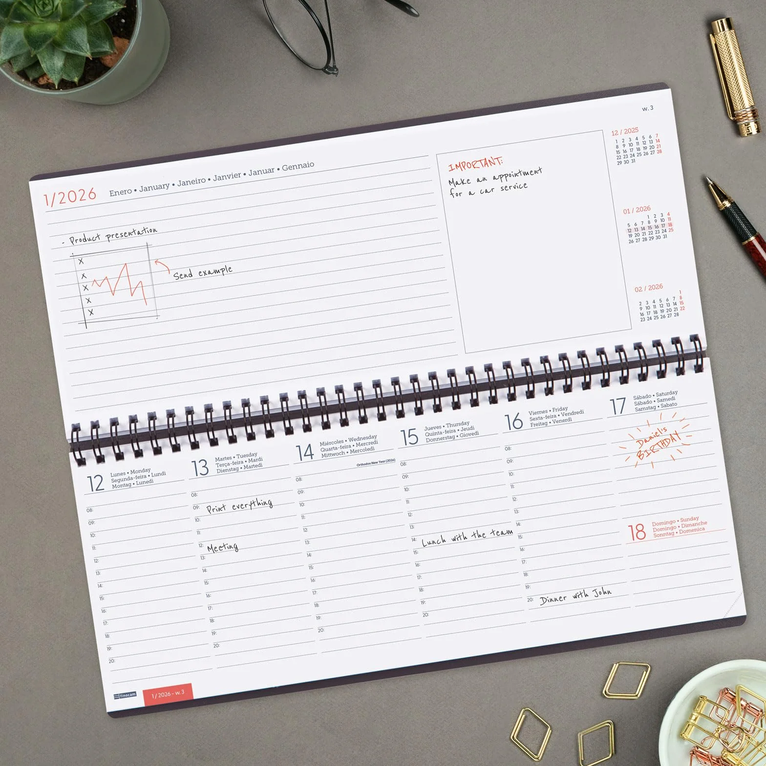 Finocam – Diary Planner + Notes Week to View 2026 Week View + Notes January 2026 – December 2026 (12 months) Grey International