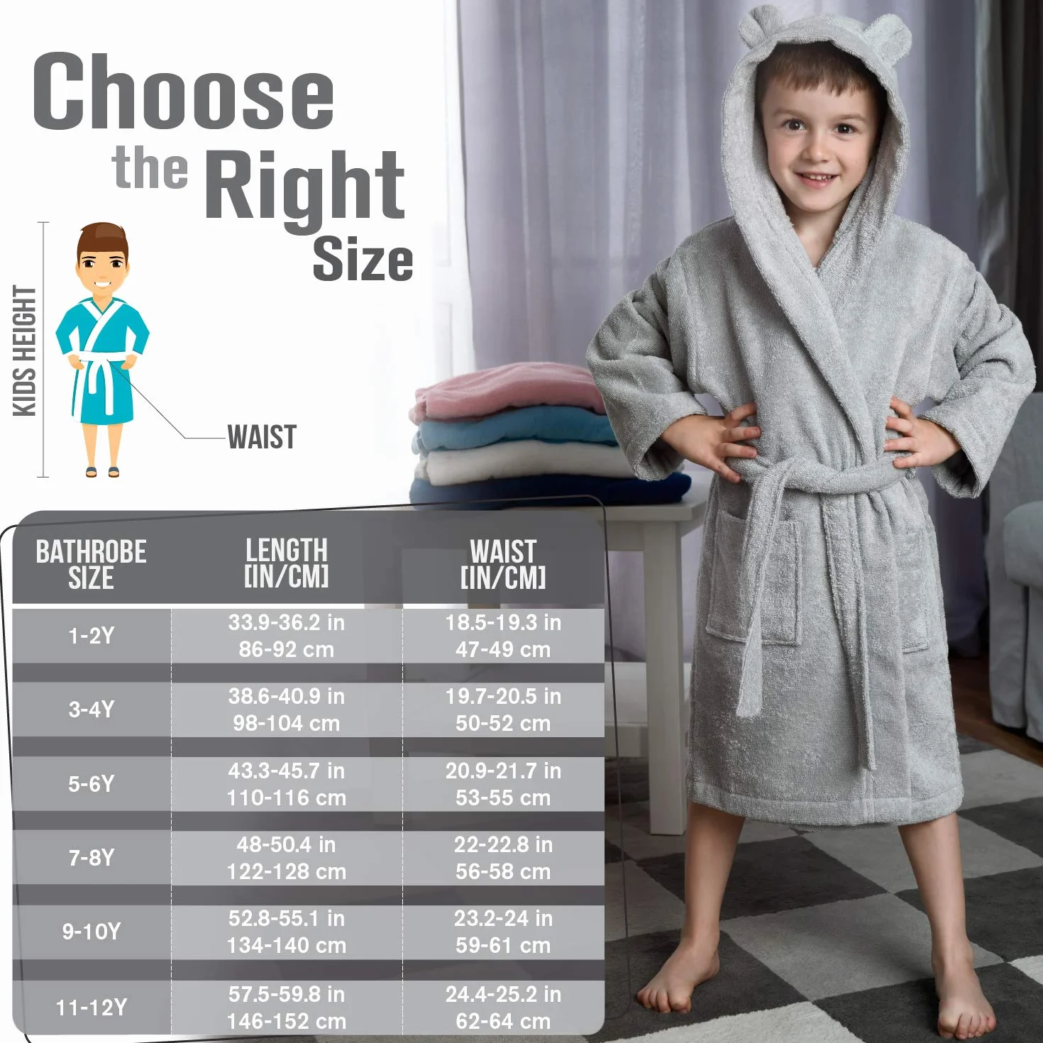 Twinzen - bawełniane dziecko szlafrok dla dziewczynki i chłopca - 100% Oeko-Tex® Bawełna Brak chemikaliów- 2 kieszenie, pas, kaptur z uszami