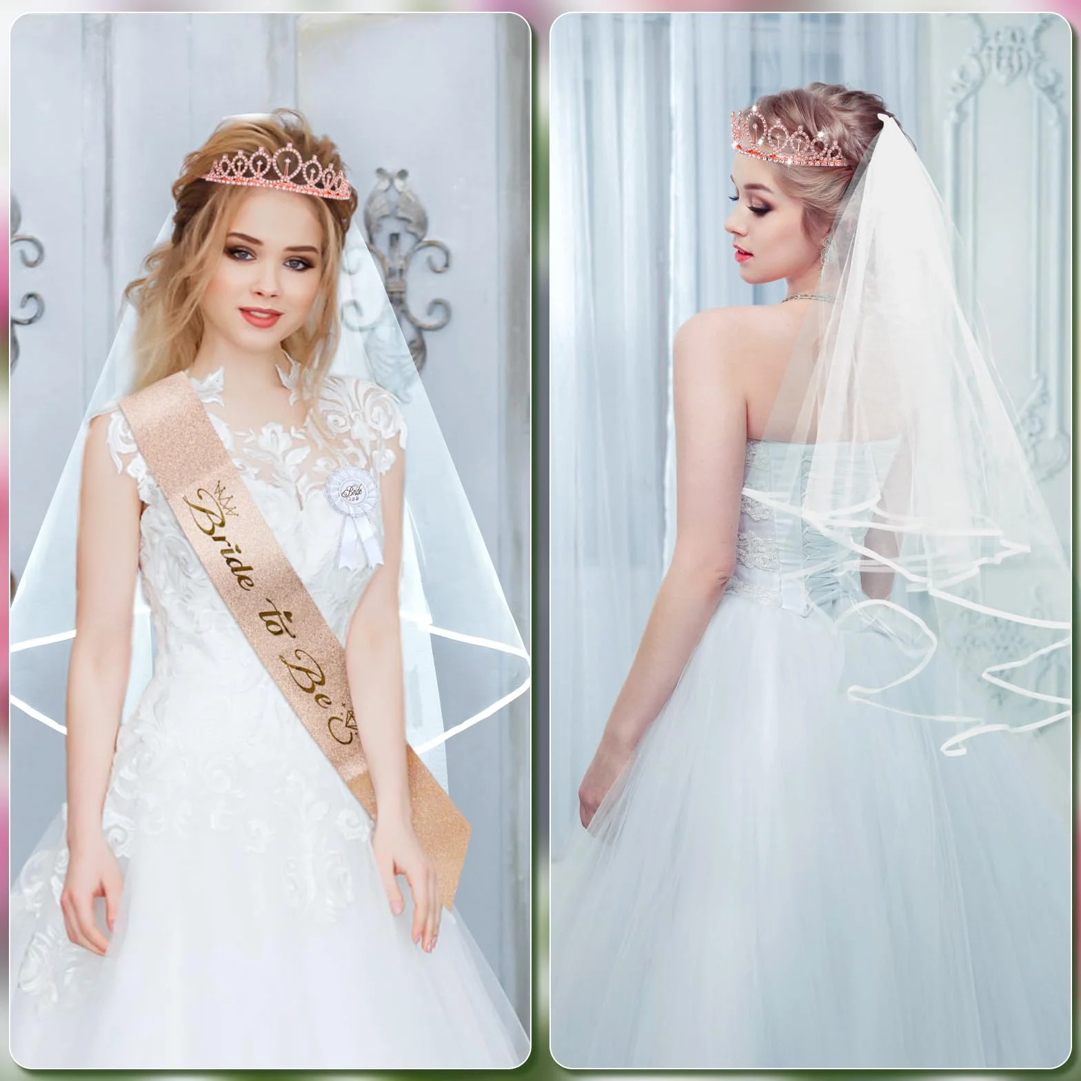 Bride to Be szarfa i welon, 16 sztuk dekoracji na wieczór panieński, akcesoria JGA dla kobiet, 10 bransoletek dla panny młodej, 1 bransoletka dla panny młodej, szarfa, welon, odznaka, tiara, tatuaż