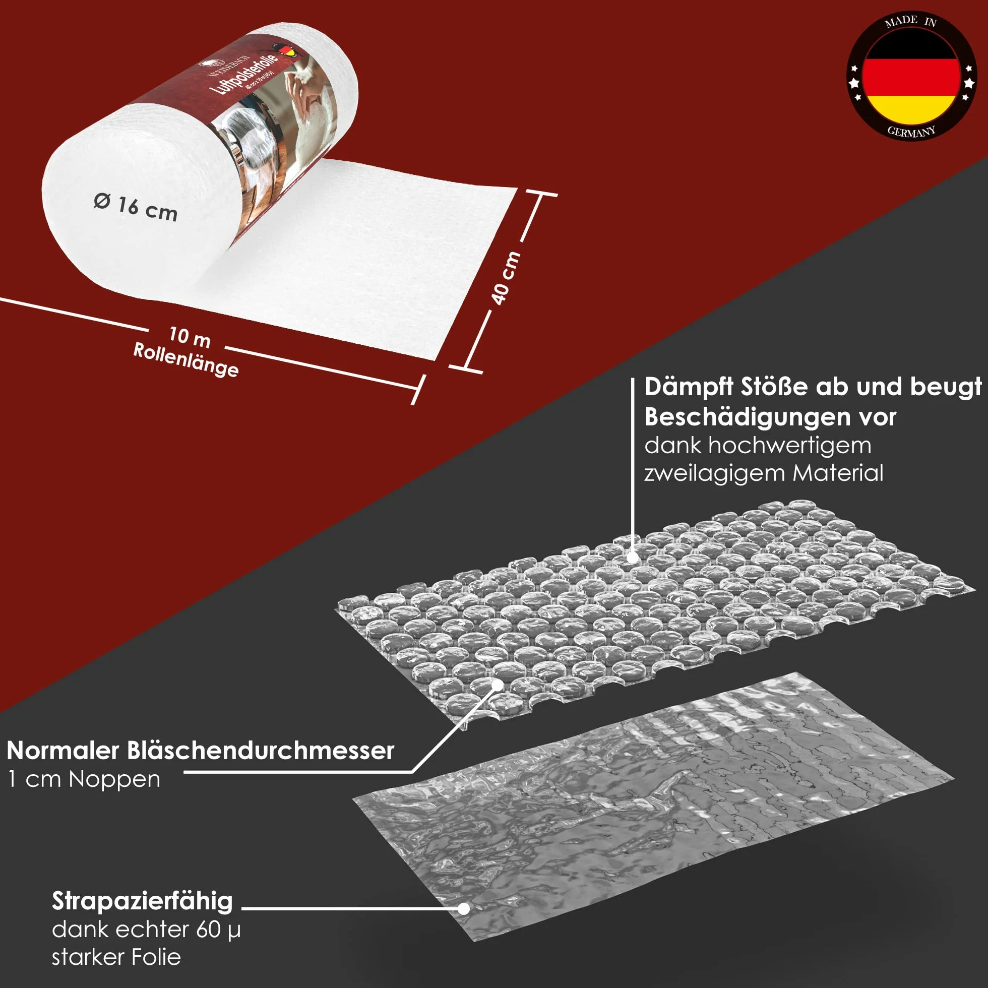 Weidebach Wysokiej jakości folia bąbelkowa 10 m x 40 cm, folia do pakowania (prawdziwa grubość 60 µ / 2-warstwowa), poduszka powietrzna chroni delikatne przedmioty, Bubble Wrap odporna na rozerwanie