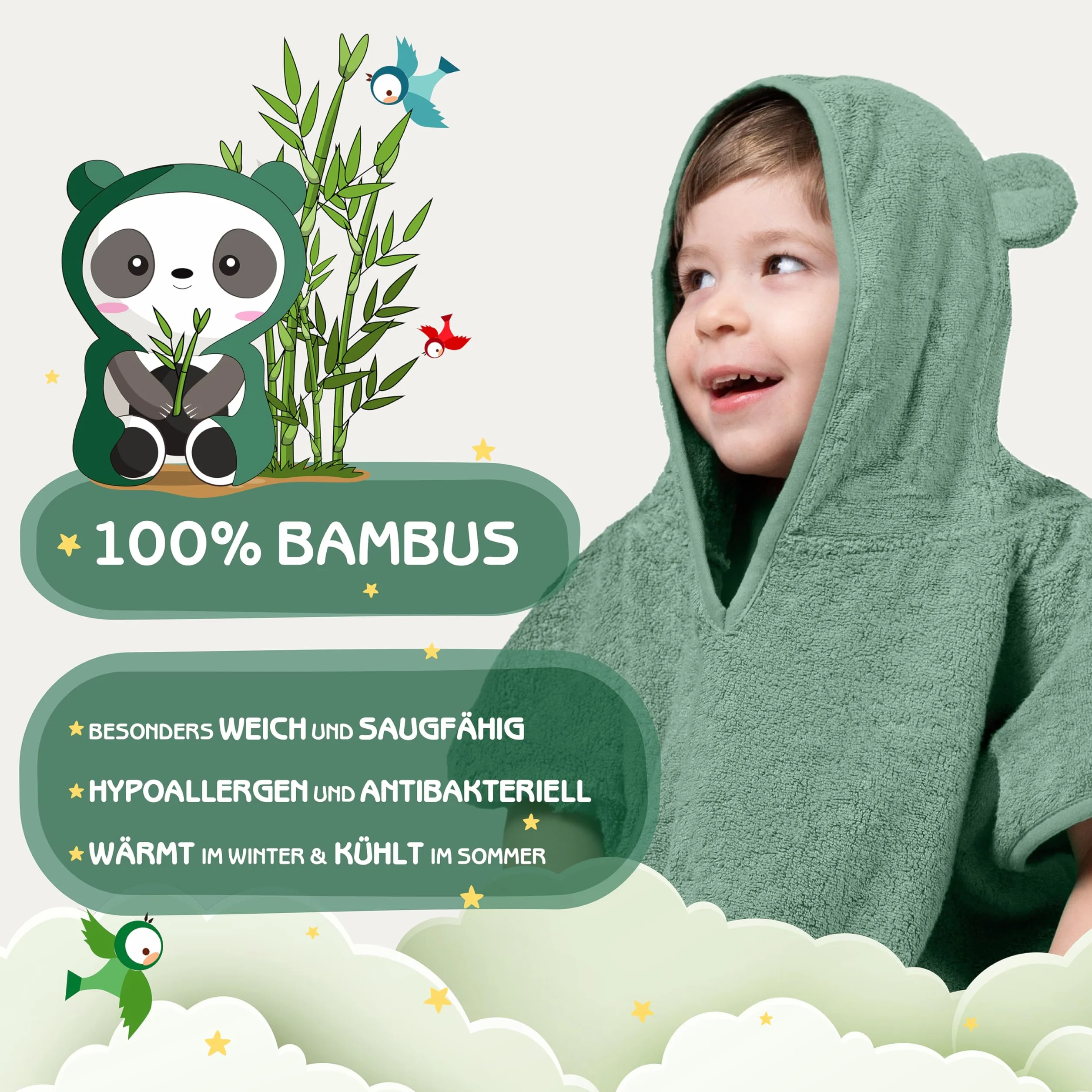 Fuchs&Panda Ponczo kąpielowe dla dzieci, bardzo ciepłe, miękkie i przytulne (100% bambus), ponczo kąpielowe dla niemowląt, ponczo z ręcznikiem, w świetnym opakowaniu na prezent (kolor