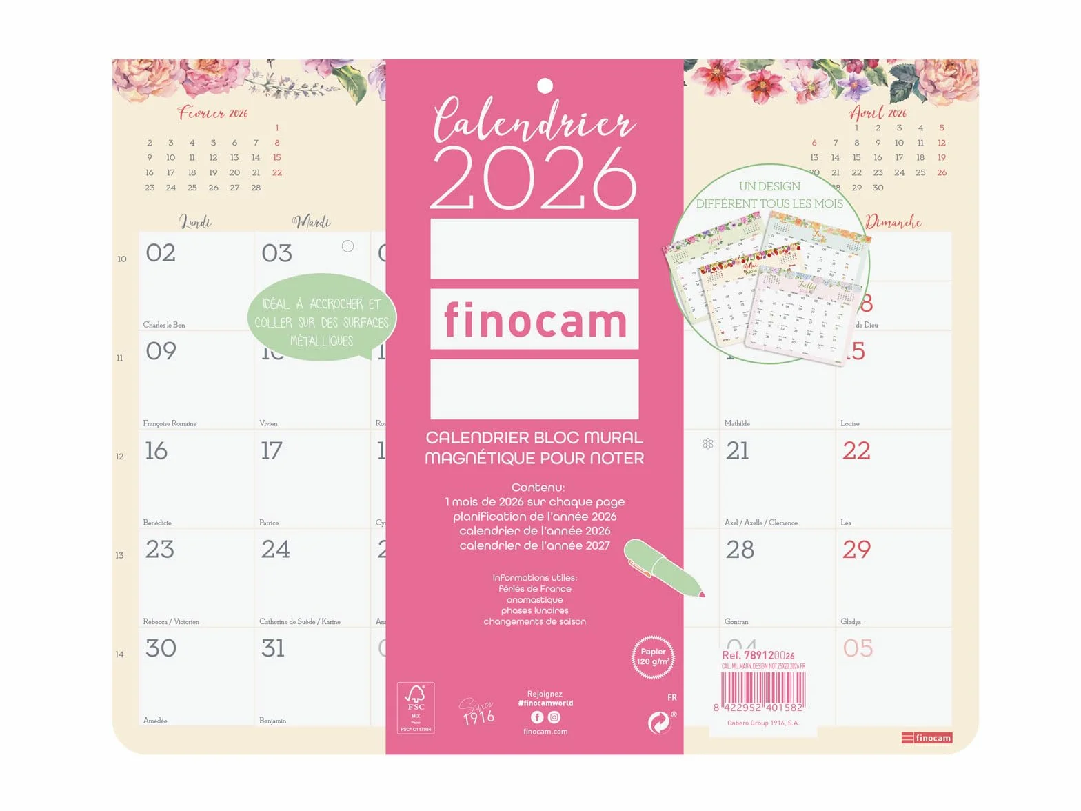 Finocam Kalendarz magnetyczny 2026 1 miesiąc na stronę styczeń - grudzień 2026 (12 miesięcy) | Kalendarz 2026 do notowania | Planer miesięczny Design Blok - Polski