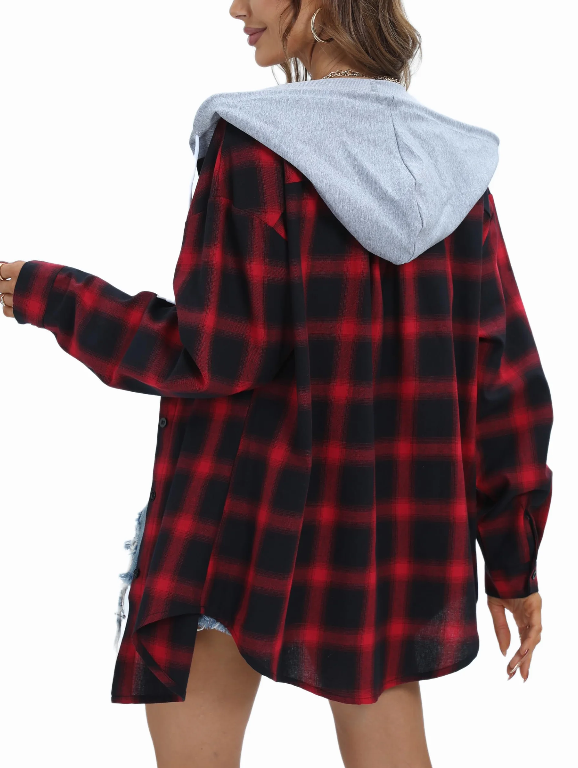 Jhsnjnr Damska koszula flanelowa oversize, zapinana na guziki, karo, dekolt w serek, modna bluzka z długim rękawem w kratkę