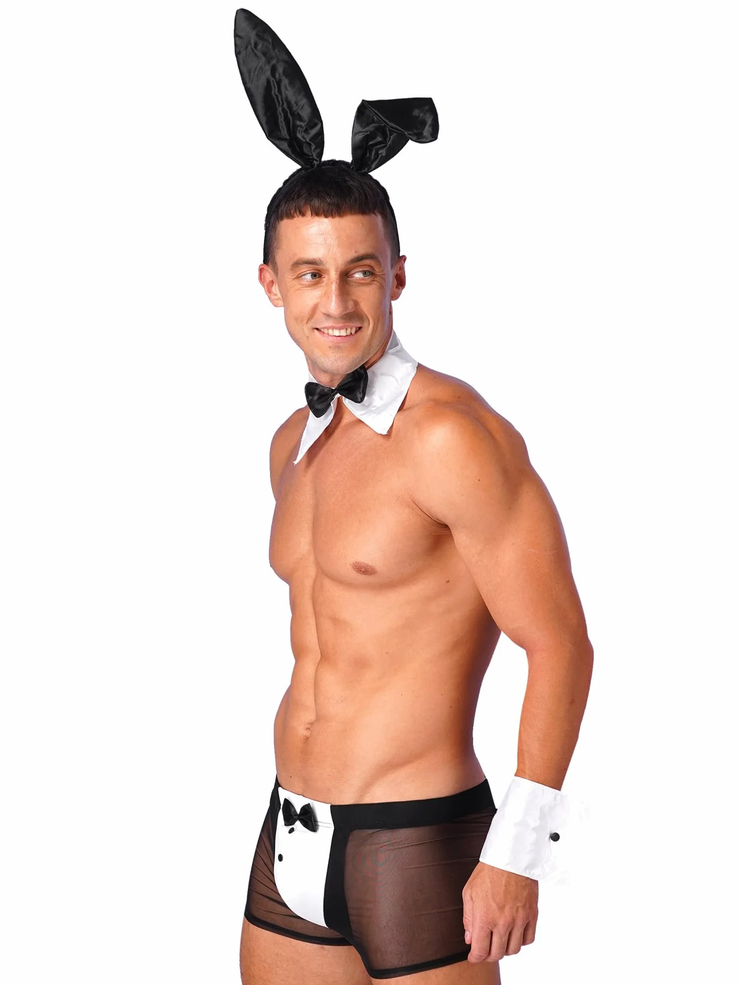 YiZYiF Męski strój kelnerski, seksowny strój z paskami, dla mężczyzn, króliczek, cosplay, bielizna erotyczna, przezroczysta, siatka, zestaw bokserek, na imprezę dla gejów, do klubu