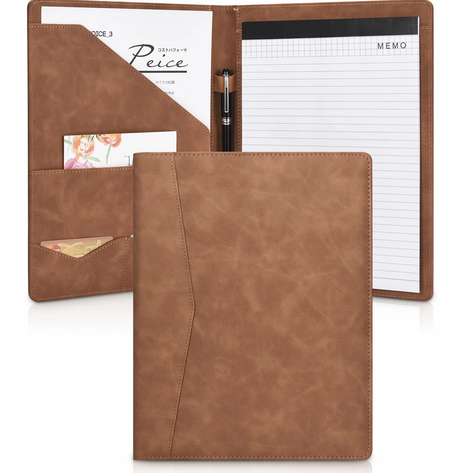 Pacific Mailer Padfolio Portfolio skórzany segregator, organizer na dokumenty z wywiadem, etui na wizytówki w zestawie podkładka do pisania w rozmiarze listów [brązowy, fortepian noir, sztuczna skóra,