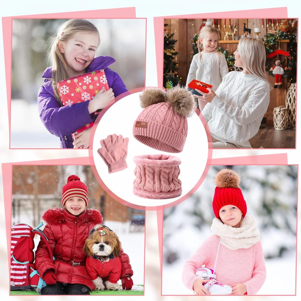 Mineup Dziecięca czapka zimowa 3 w 1, zestaw rękawiczek, ciepła zimowa czapka z dzianiny, czapka dziecięca, czapka beanie, szalik, rękawiczki z dzianinową czapką dla dziewczynek w wieku 1-5 lat