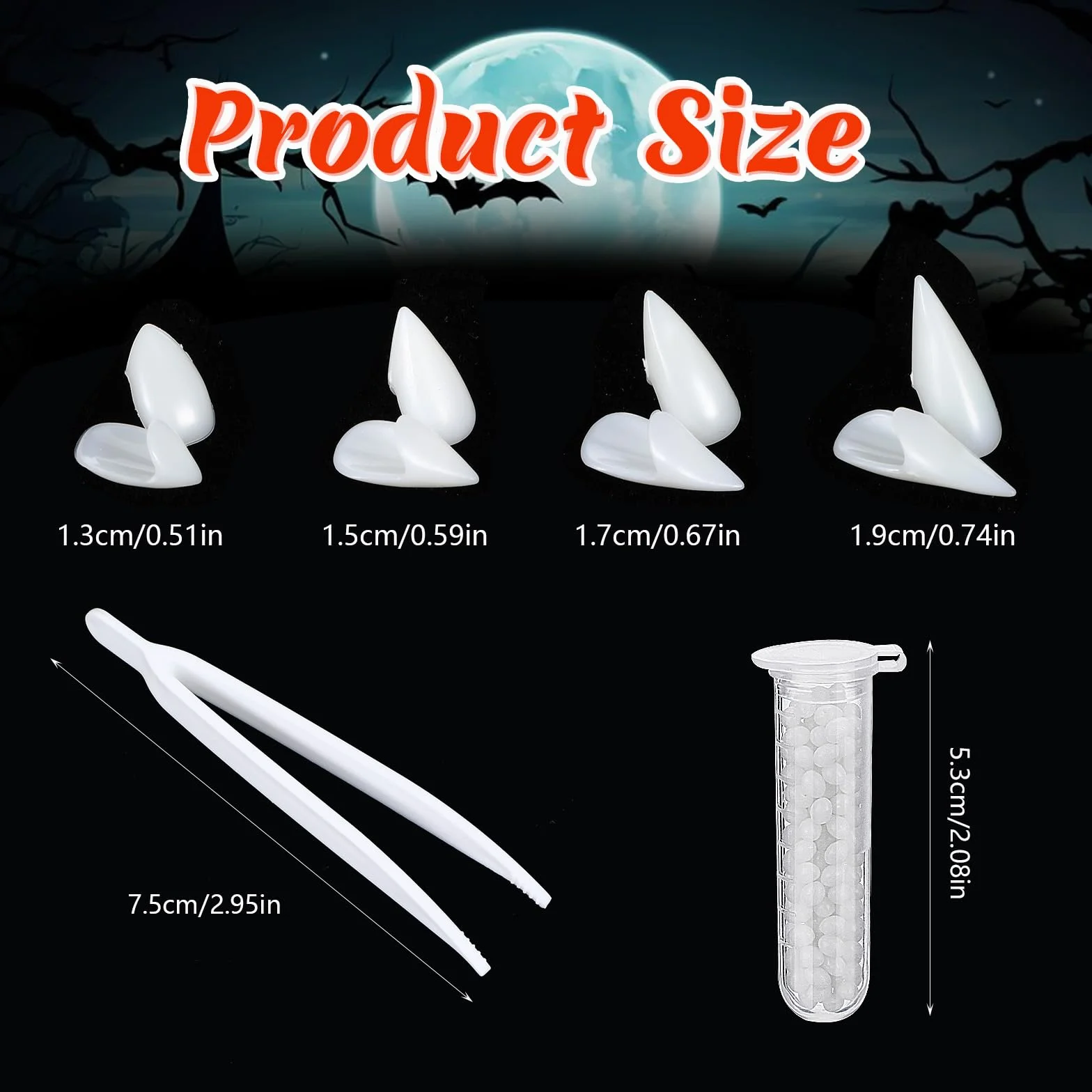 4 pary zębów wampira z 2 granulkami kleju, 4 rozmiary, Halloween, zęby wampira, sztuczne zęby, na imprezę Cosplay, rekwizyty Halloween, demon, czarownica, 13, 15, 17, 19 mm
