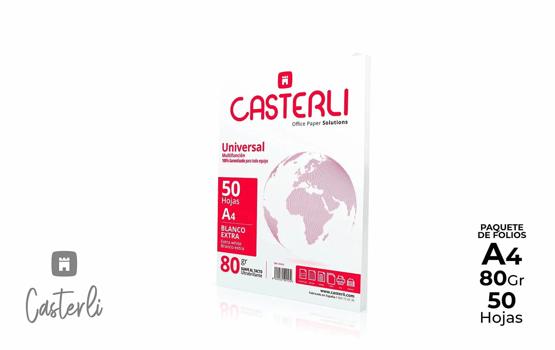 CASTERLI 81010 Papier A4, 50 białych arkuszy, rozmiar A4, 80 g/m², bardzo biały, papier uniwersalny do drukarki A4 80 g/m² (A4, 50 arkuszy)