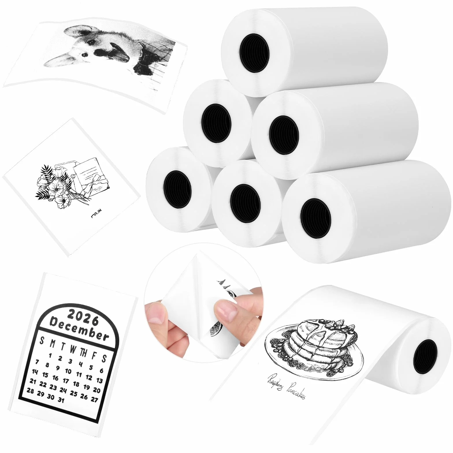 6 rolek mini drukarki, 53 x 28 mm, termiczne, białe rolki termiczne, naklejki, papier termiczny, samoprzylepne, do dziennika, notatek studyjnych, fotodruku