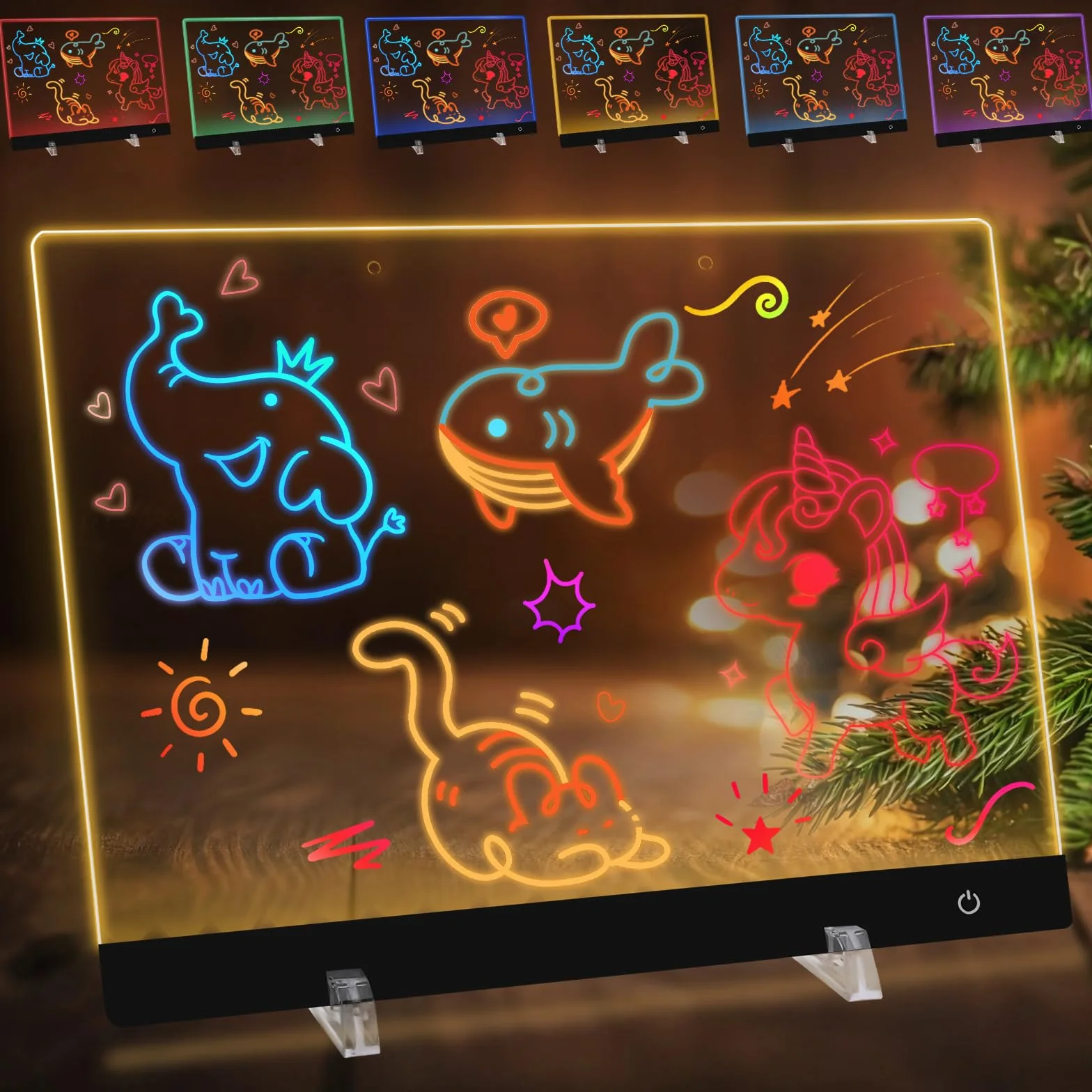 Tablica LED na notatki, 35x25cm akrylowa tablica dla dzieci, 6 kolorów i 5 trybów świecąca tablica informacyjna, Podświetlana tablic do pisania z 7 kolorowymi długopisami/stojakami/łańcuszkami