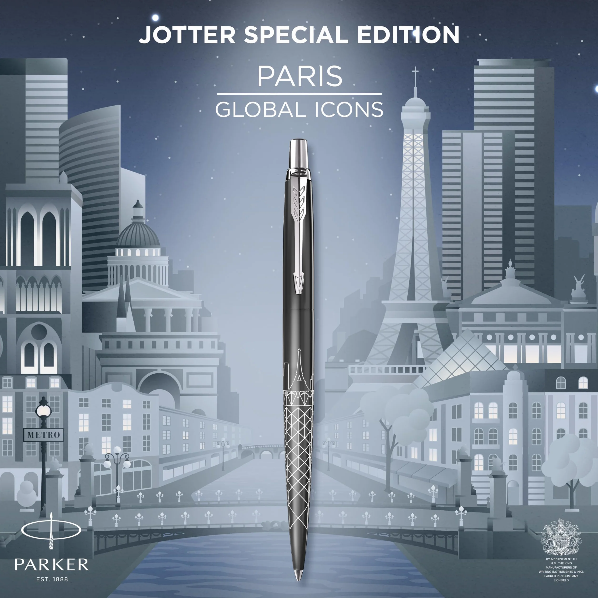 Długopis Parker Jotter | Edycja specjalna | Paris Grey z chromowanymi zdobieniami | Końcówka medium | Niebieski tusz | Opakowanie prezentowe