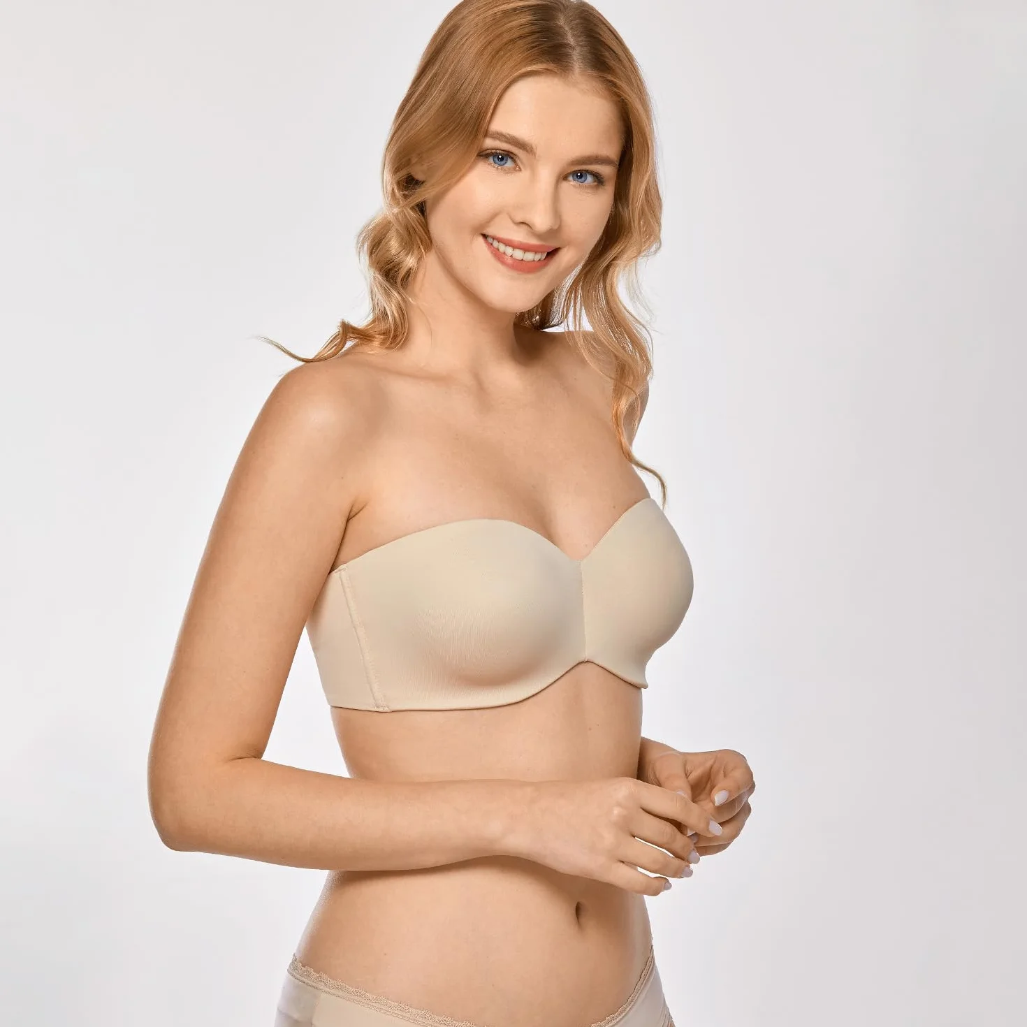 DELIMIRA Damski Biustonosz Bez Ramiączek Bez Podszewki Z Fiszbinami Minimizer Plus Size Support