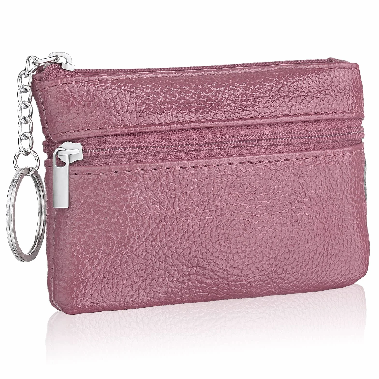 Aucuu Skórzany portfel na zamek błyskawiczny, etui na karty i klucze, damski, mini, z 3 przegródkami i brelokiem, 12 x 8 cm, Różowy, 12x8cm, Pink