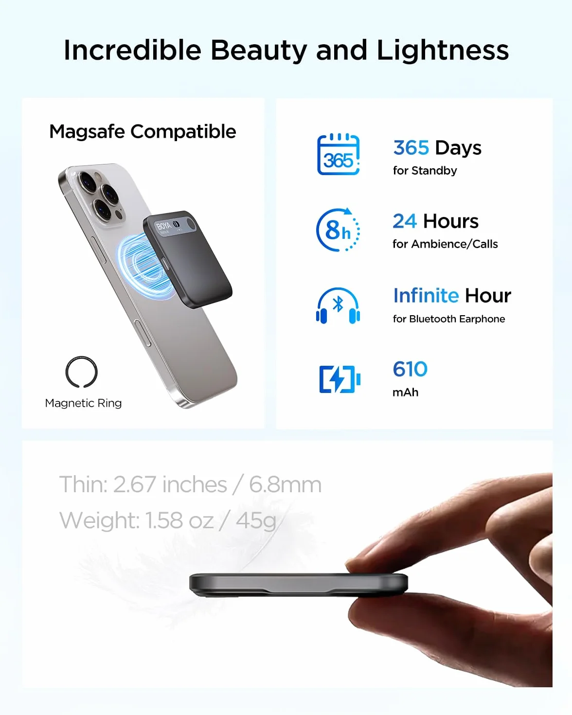 BOYA Notra AI Voice Recorder, 3 tryby przechwytywania – atmosfera/rozmowy telefoniczne/Bluetooth, transkrypcja AI i inteligentne podsumowanie, obsługa ponad 140 języków, 64 GB pamięci, magnetyczny