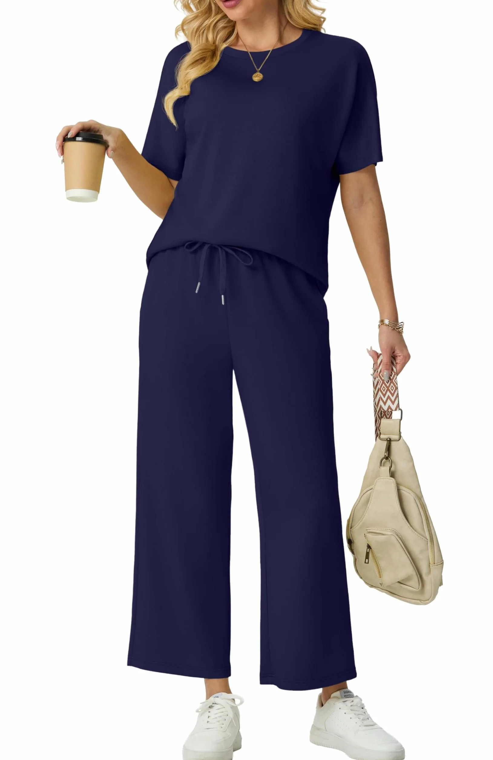 GRECERELLE Dres do joggingu, dwuczęściowy, damski, letni dres treningowy, strój z krótkim rękawem, luźny, okrągły dekolt, t-shirty i szerokie spodnie do biegania, dres treningowy z kieszeniami