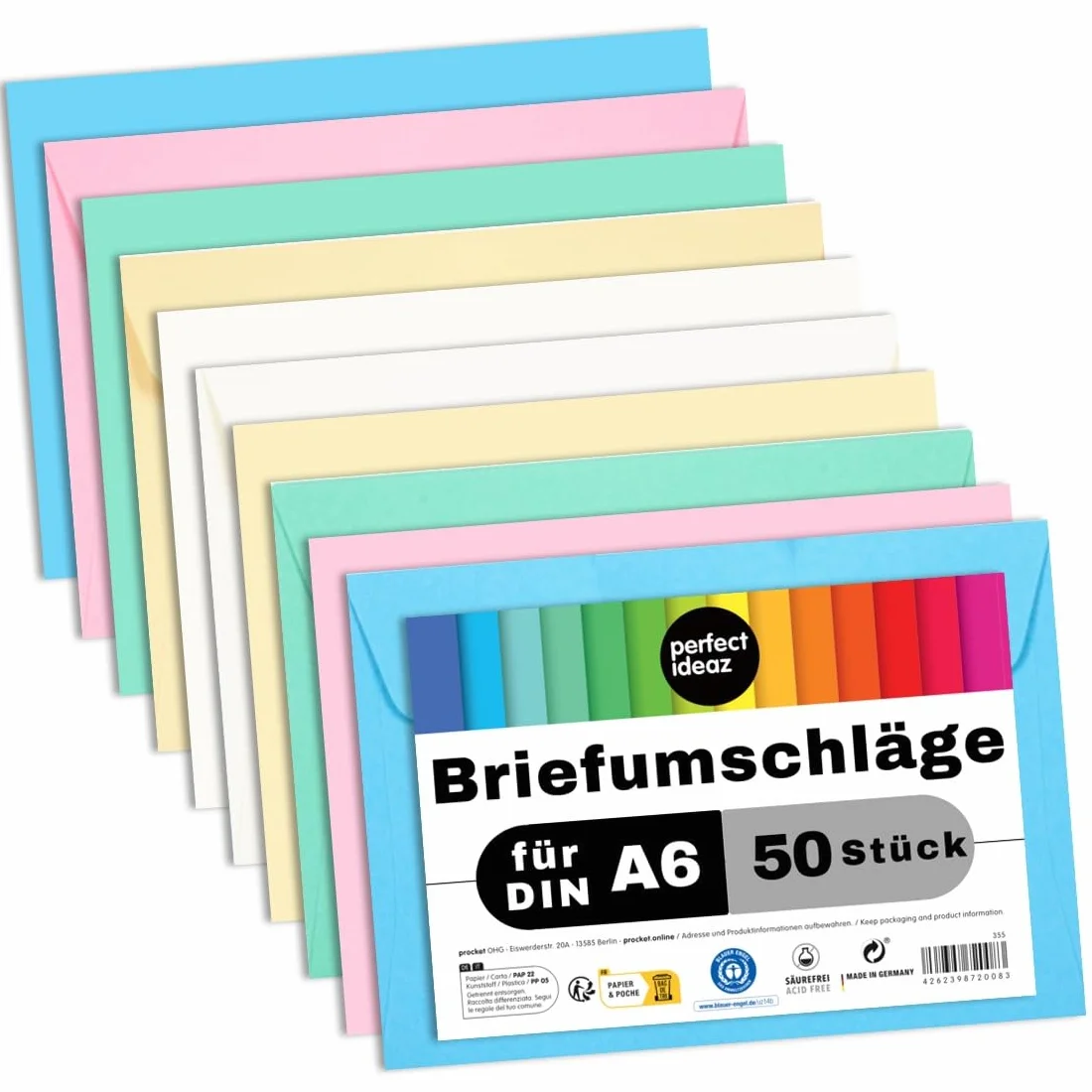 perfect ideaz - 50 kopert pastelowych DIN-C6 bez okienka, do DIN A6 z papieru z recyklingu, 5 kolorów, Made in Germany