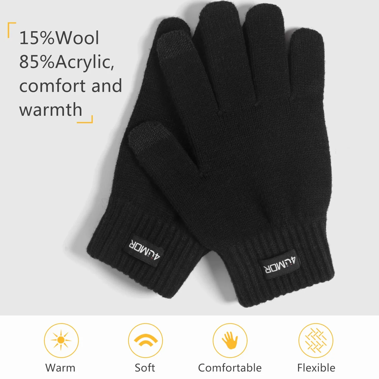 4UMOR Zimowe rękawiczki do obsługi ekranów dotykowych, rękawice z dzianiny, sportowe, ciepłe i wiatroszczelne, do jazdy na nartach, jazdy na rowerze, składają się w 15% z wełny i 85% akrylu,